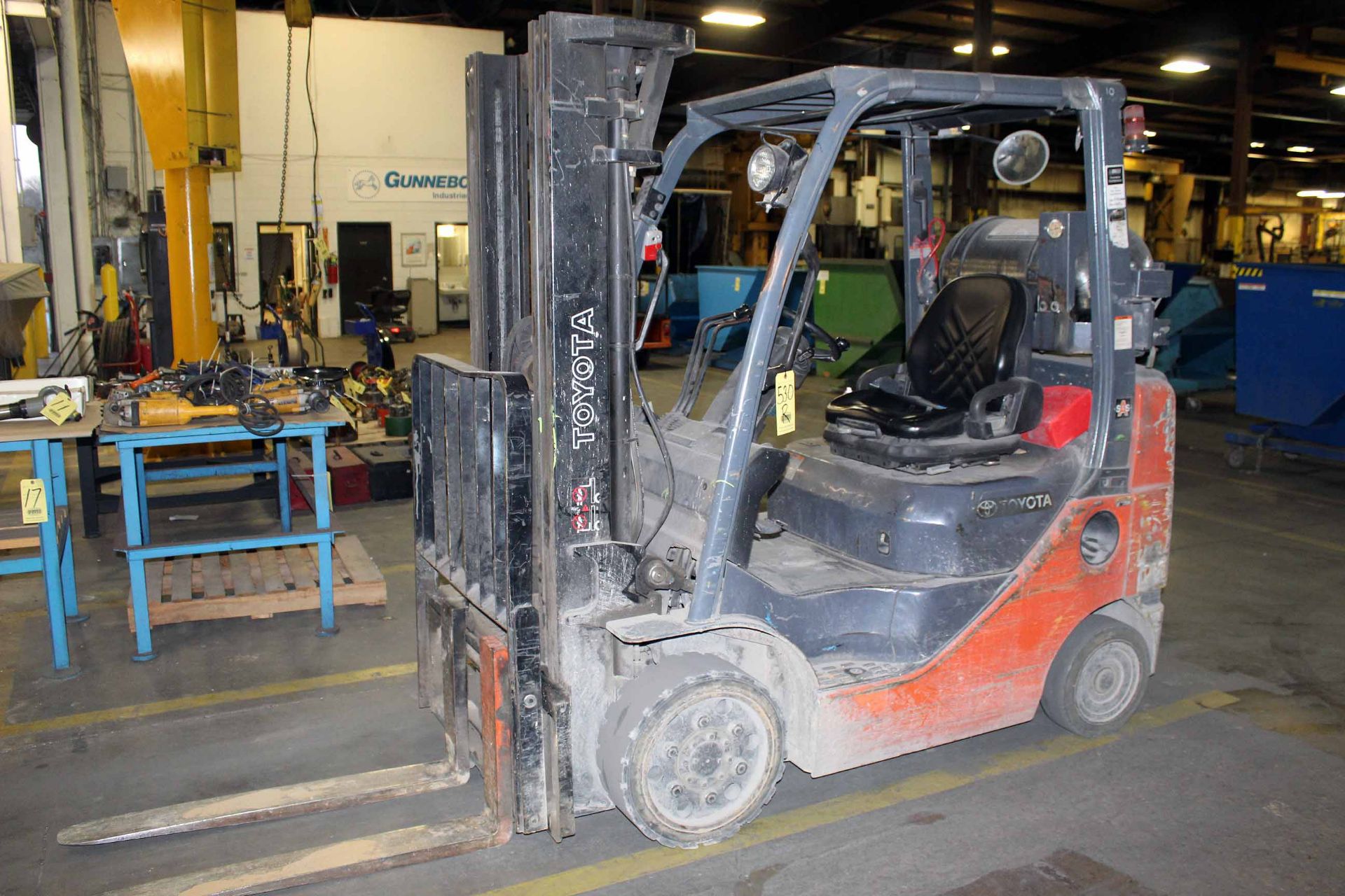 FORKLIFT, TOYOTA 5,000 LB. BASE CAP. MDL. 8FGCU-25, 4,500 lb. cap. @ 24” L.C., currently arranged