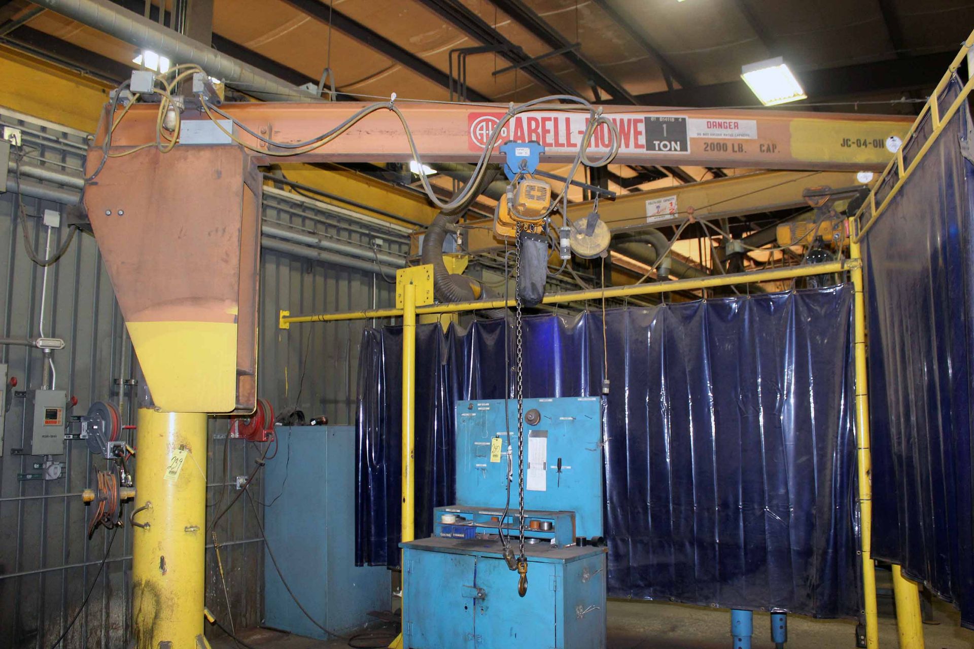 FREE STANDING PEDESTAL JIB CRANE, ABELL-HOWE 1 T. X APPROX. 14’ REACH, w/Harrington 1 T. cap.