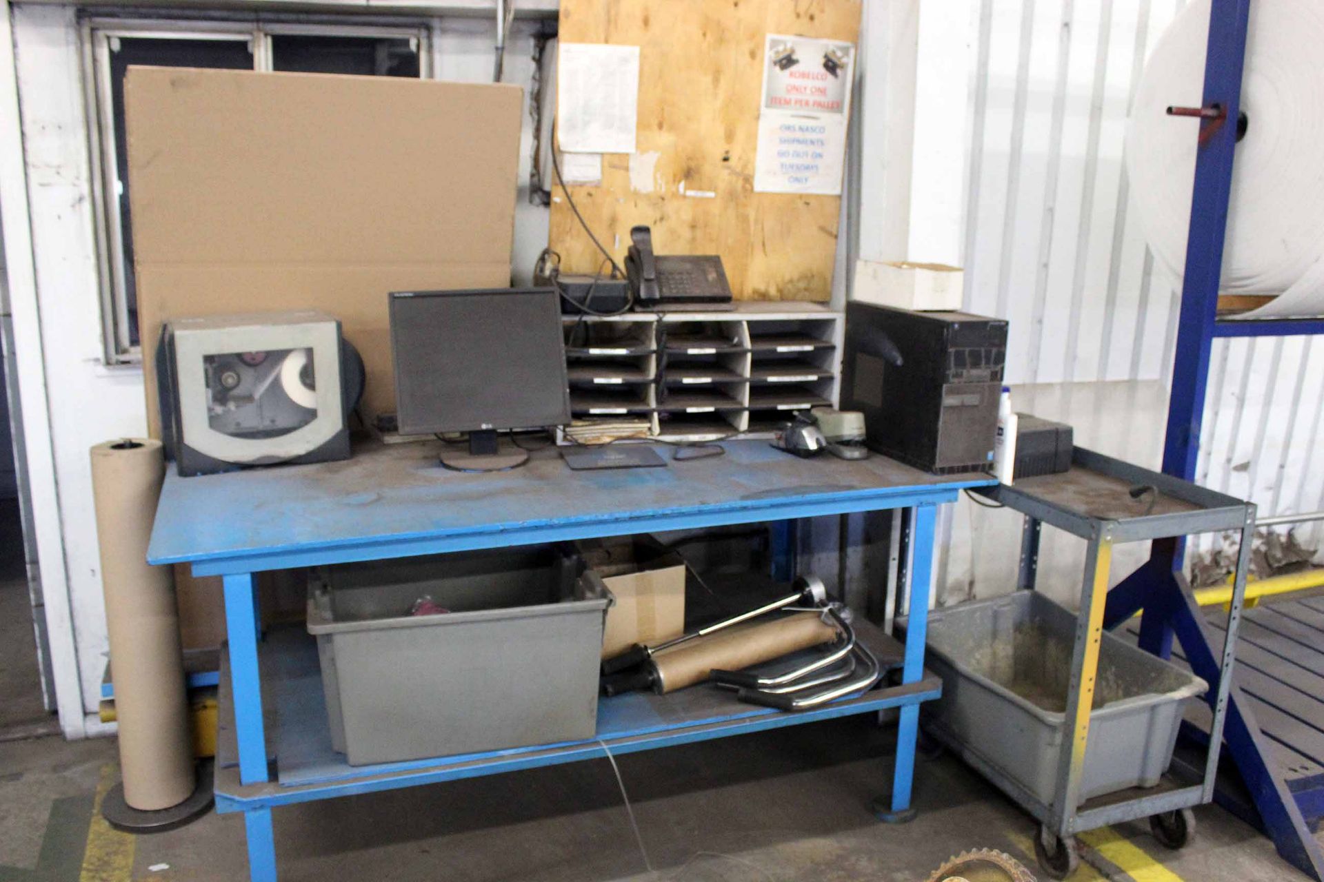 LOT CONTENTS OF SHIPPING & RECEIVING: (2) metal desks, foam wrap, tables, cardboard boxes (Note: