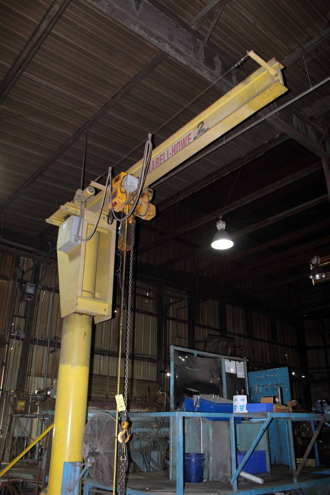 FREE STANDING PEDESTAL JIB CRANE, ABELL-HOWE, 2 T. CAP., 2 T. cap. Harrington electric hoist