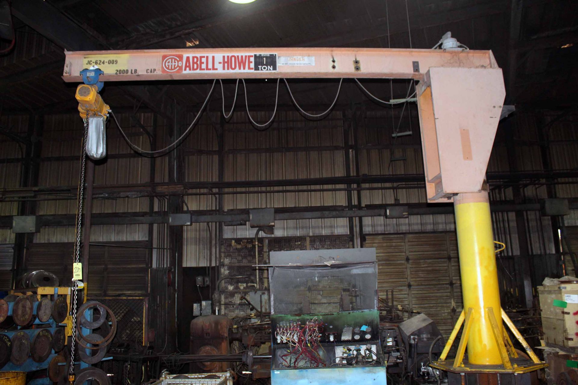 FREE STANDING PEDESTAL JIB CRANE, ABELL-HOWE 1 T. X APPROX. 14’ REACH, w/Harrington 1 T. cap.