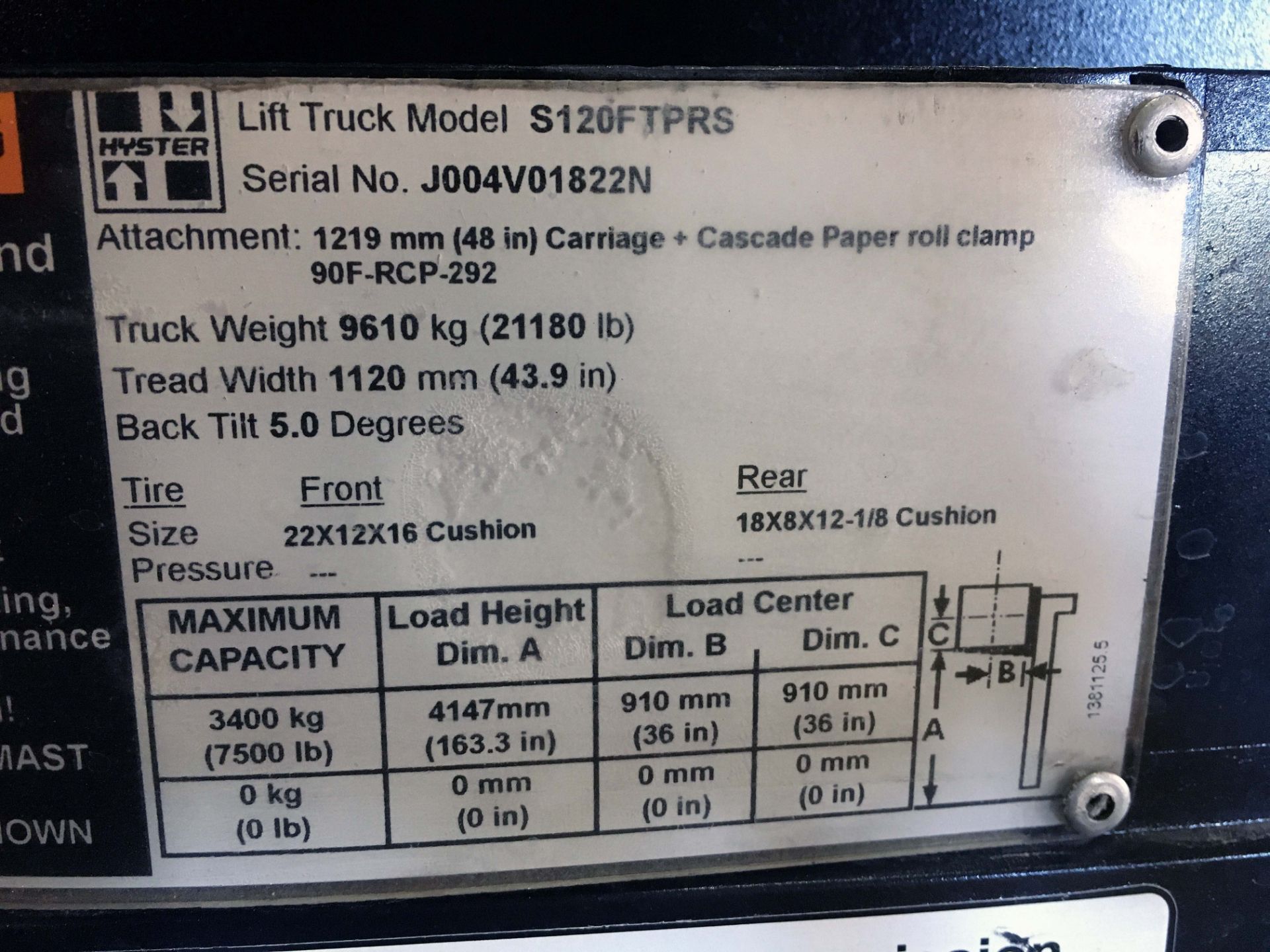 FORKLIFT, HYSTER 12,000-LB. CAP. MDL. S120FT, LPG, new 2015, 83" triple stage mast, 163" lift ht., - Image 6 of 8