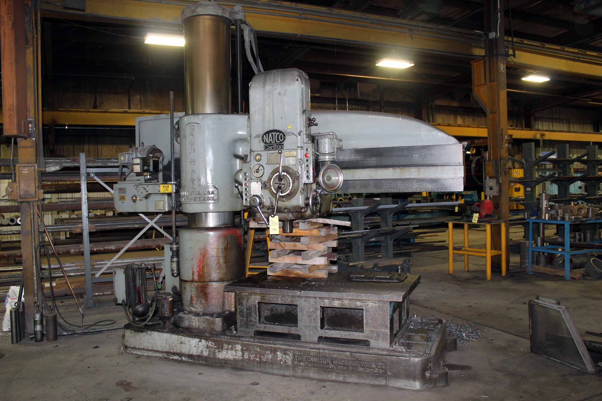 RADIAL ARM DRILL, NATCO CARLTON 6’ X 19”, H.D. steel table, S/N 1006 (Note: out of service)