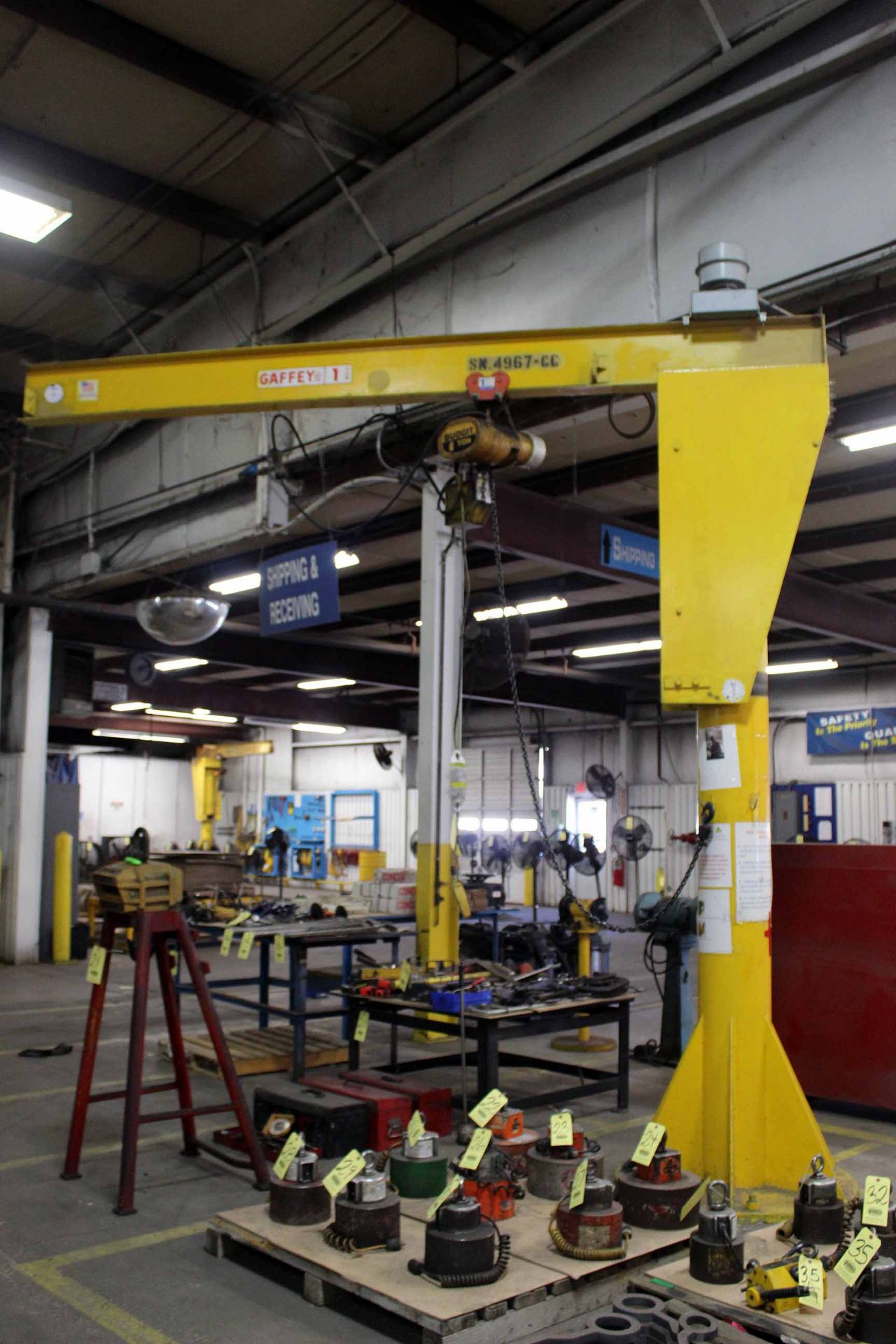 FREE STANDING PEDESTAL JIB CRANE, GAFFEY, 1 T. cap., 14' reach, w/Budgit 1 T. cap., elec. chain