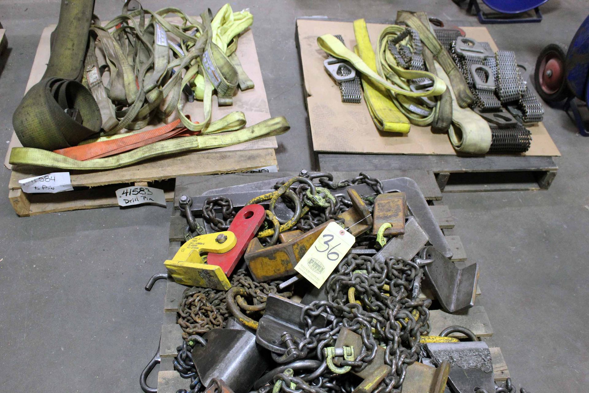 LOT CONSISTING OF: lifting clamps, chains & straps