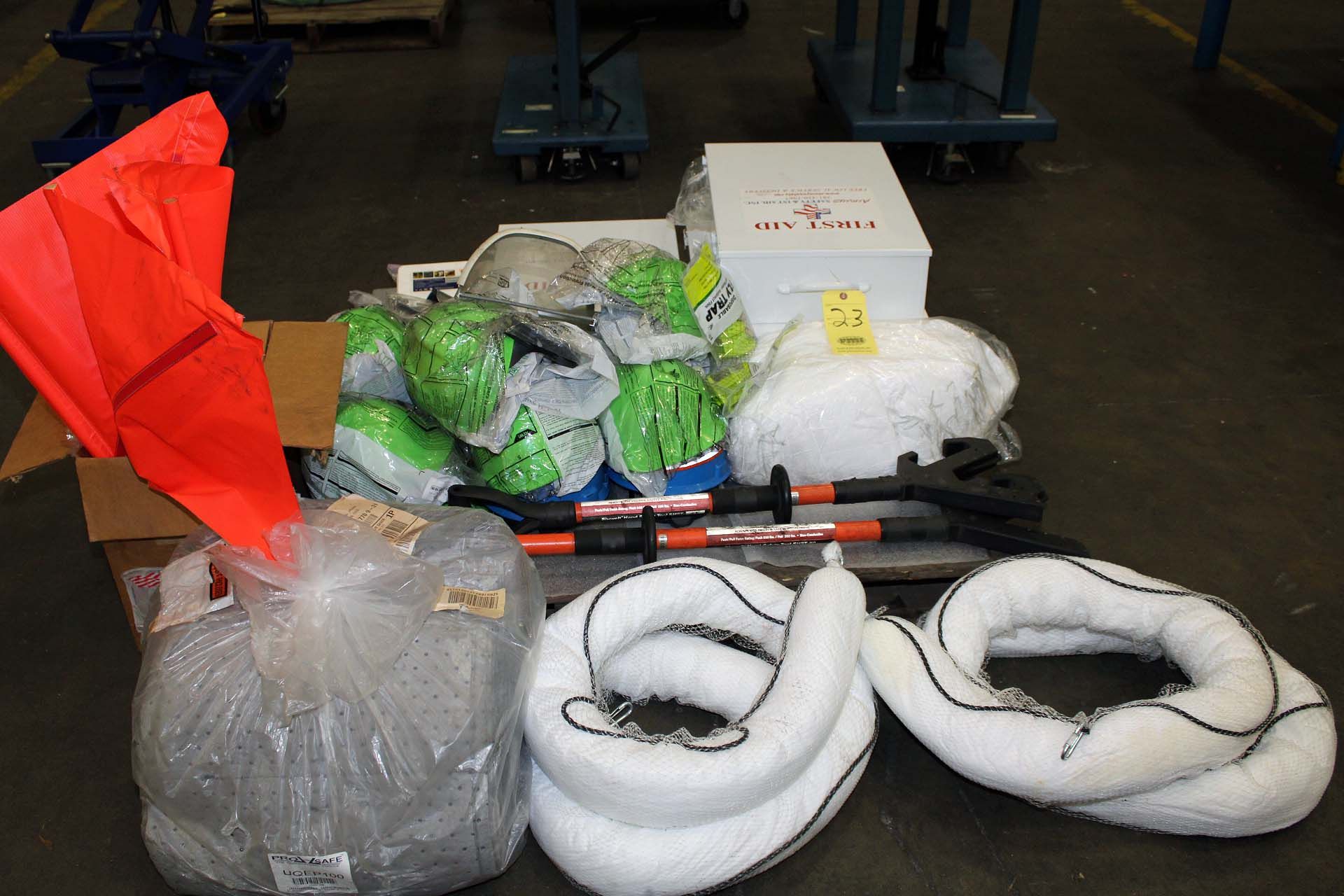 LOT OF PPE ITEMS: liquid spill containment items & first aid cabinets