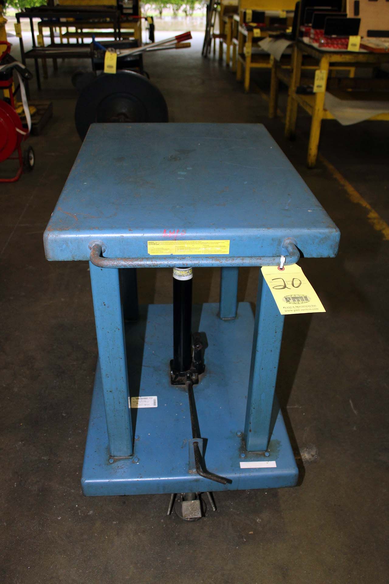 HYDRAULIC LIFT TABLE, WESCO 2,000 LB. CAP. MDL. LT-20-2436, 24" x 36" table, 37" to 59" ht.