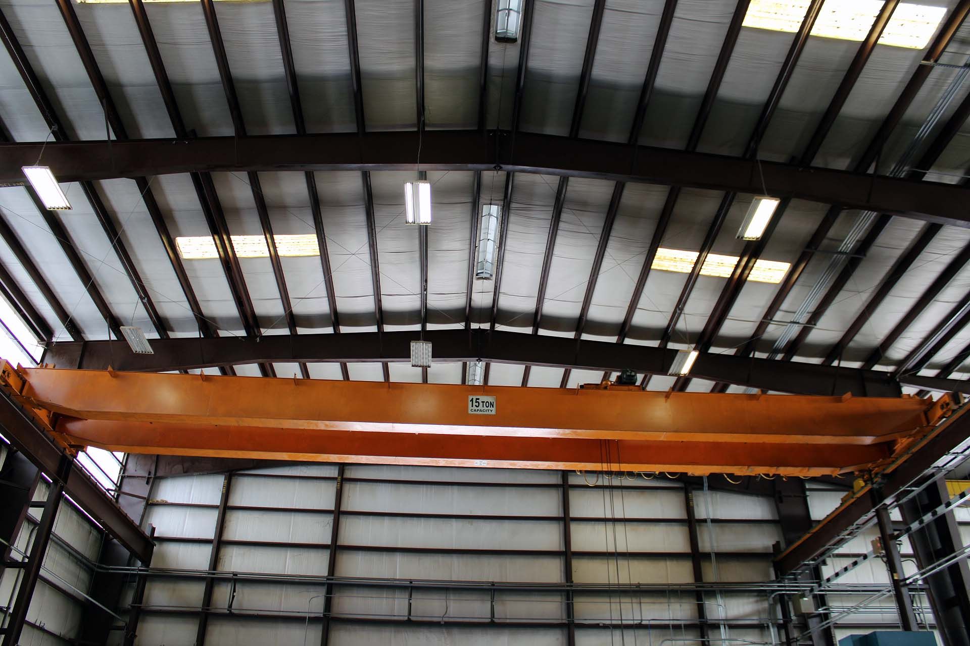 OVERHEAD BRIDGE CRANE, 15 T. CAP. X 69’ SPAN, 30’ under hook, dbl. girder, top running