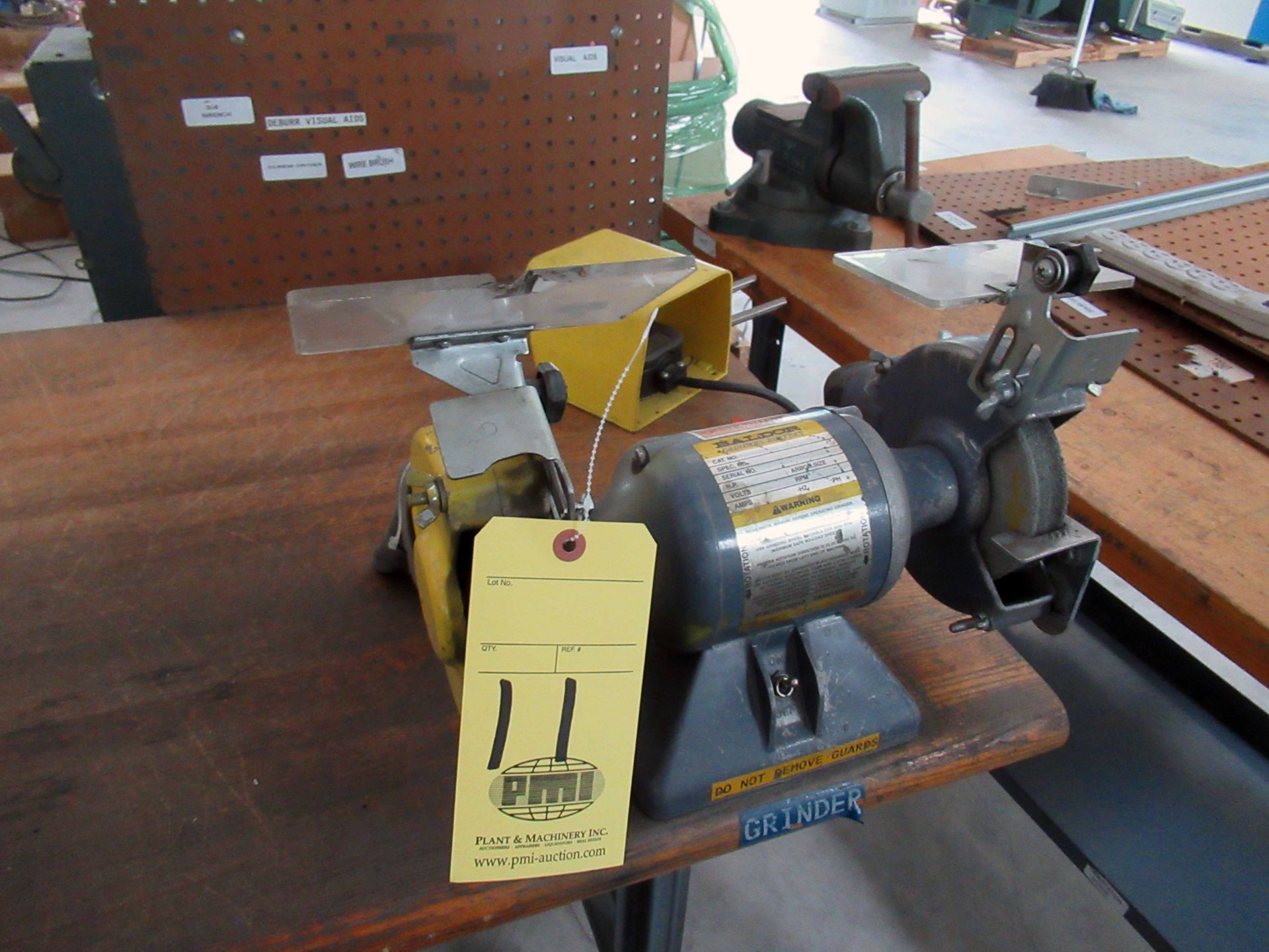 ELECTRIFIED WOOD TOP WORKTABLE, w / Baldor dbl. end grinder & Somma Deburr machine (Location 2: JE