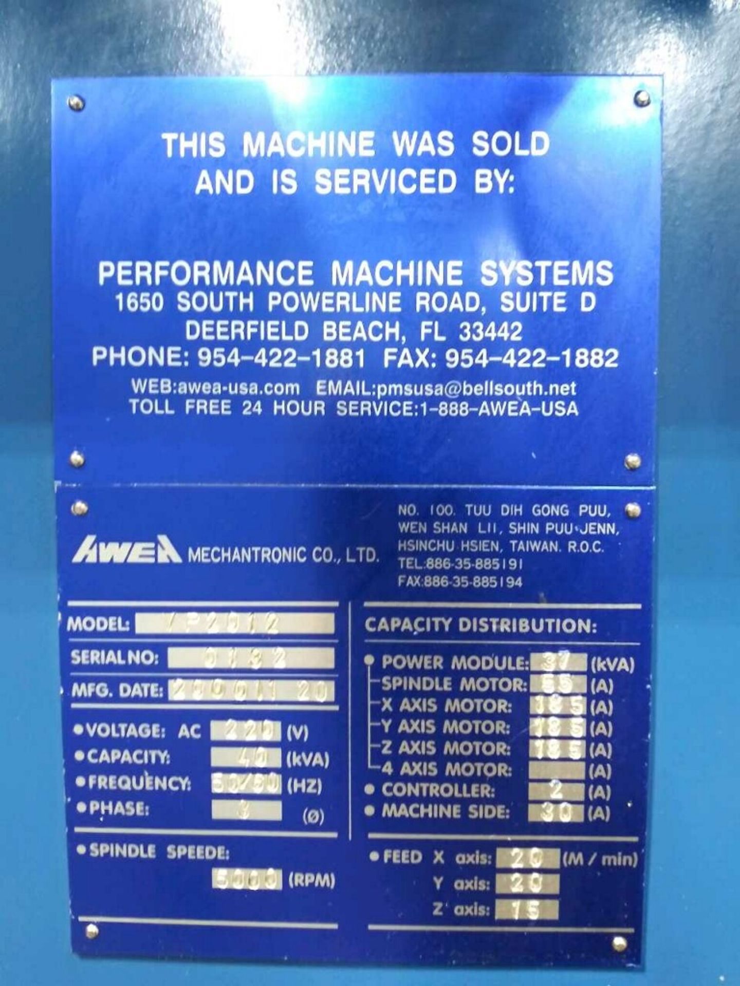 CNC GANTRY VERTICAL MACHINING CENTER, AWEA MDL. VP2012, new 2000, Fanuc 18M CNC control, 78.75" X-a - Image 3 of 5