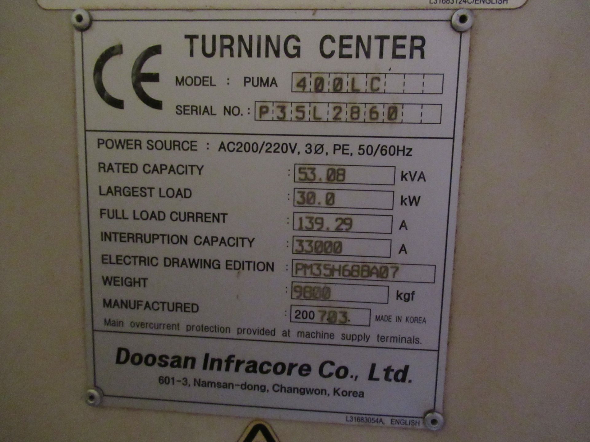 CNC LATHE, DOOSAN PUMA MDL. 400LC, new 2007, Fanuc 21i--TB CNC control, 27.5” swing, 18.9” max. - Image 8 of 9