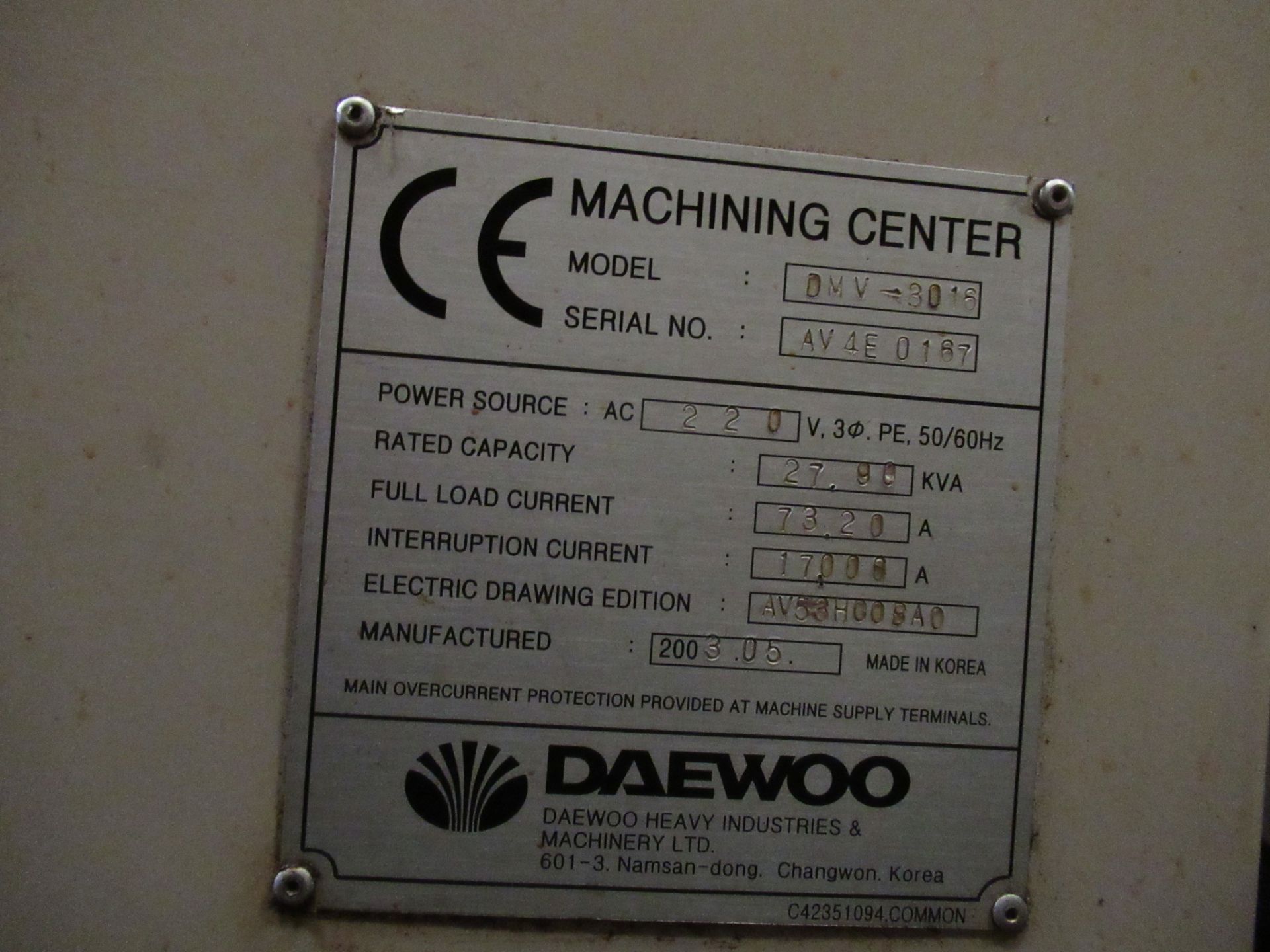 CNC VERTICAL MACHINING CENTER, DAEWOO MDL. DMV3016, new 2003, Fanuc Series i CNC control, 17.7” x - Image 6 of 7