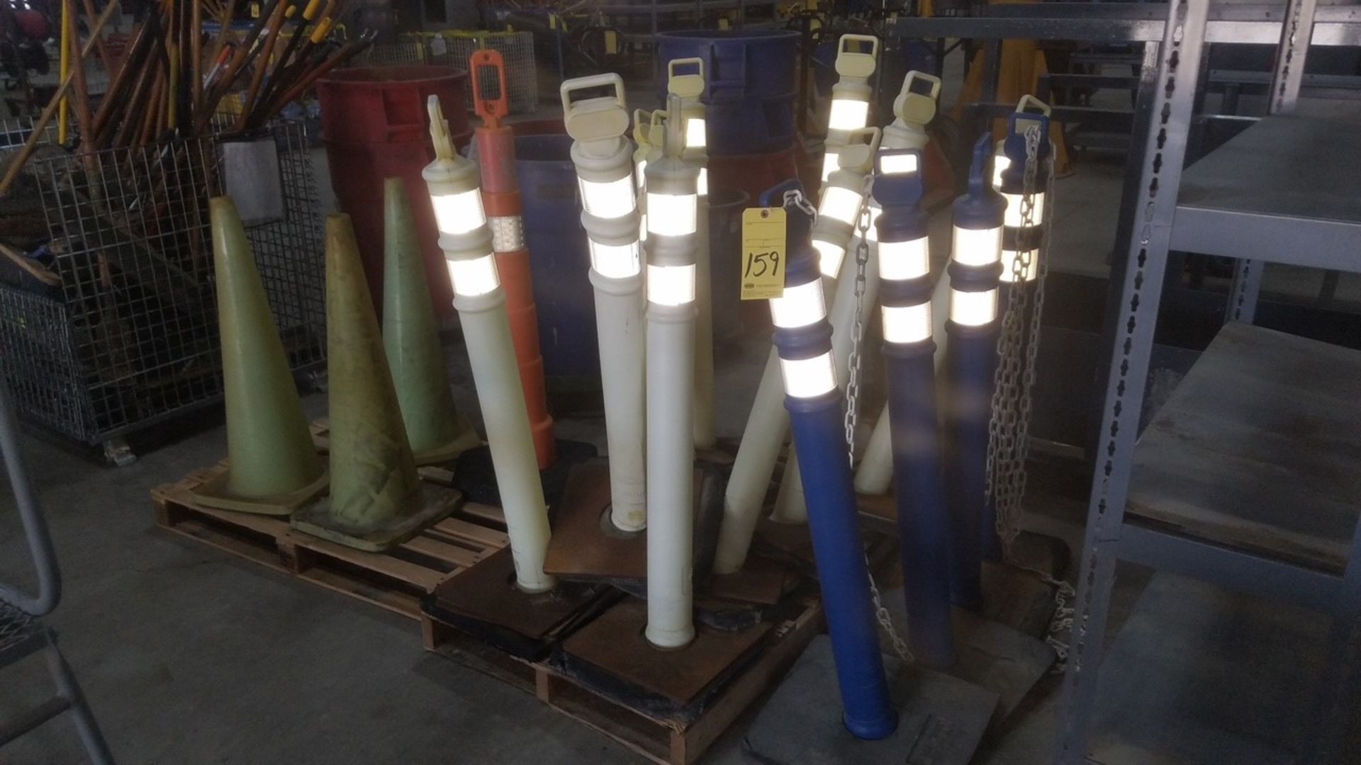 (16) PLASTIC STANCHIONS, 4' TALL & (3) PLASTIC TRAFFIC CONES