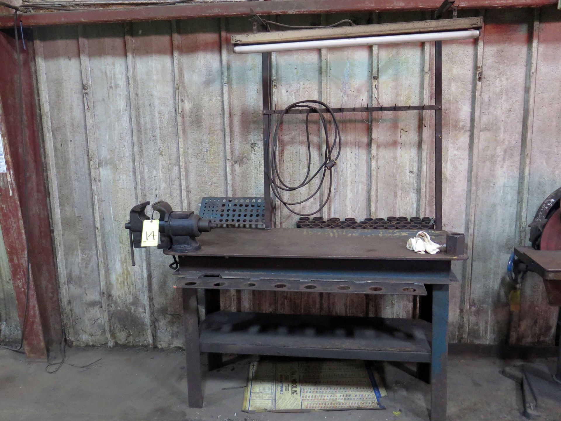 LOT CONSISTING OF: steel work table, 5' x 2', w/vise & fluorescent light fixture