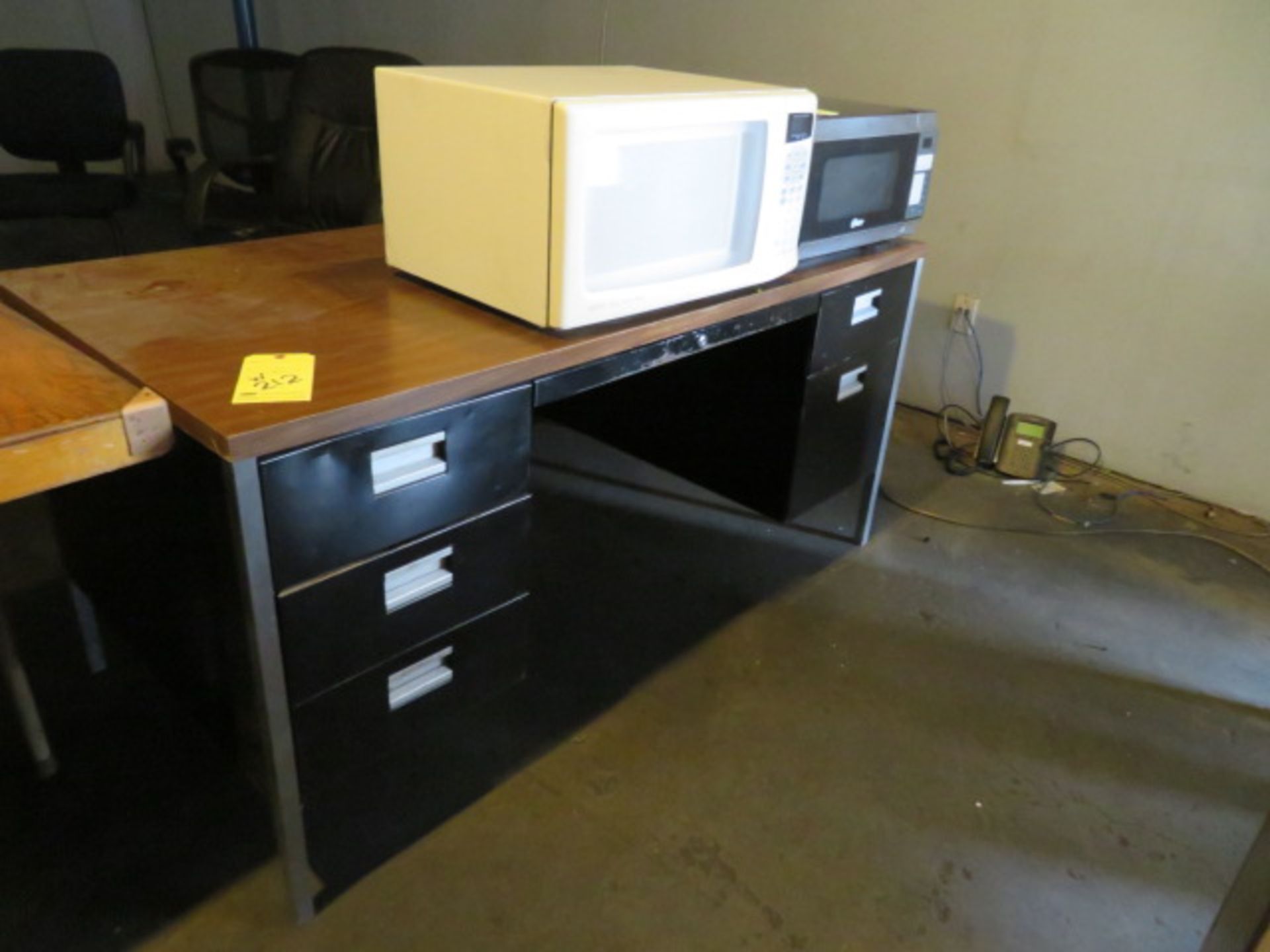 LOT OF OFFICE FURNITURE: desk, long table, (4) chairs, (2) filing cases