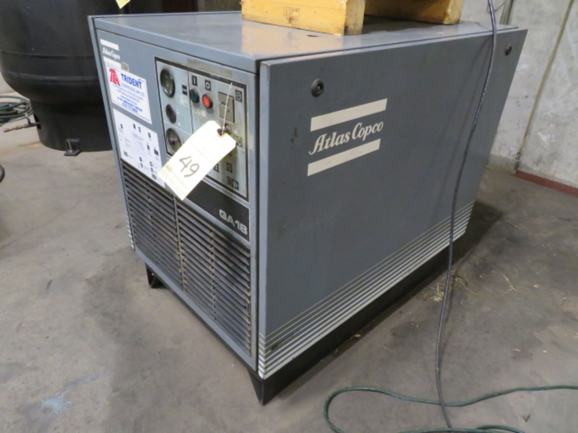 AIR COMPRESSOR, ATLAS COPCO MDL. GA18, 128 PSI, 25 HP motor, air cooled, noise