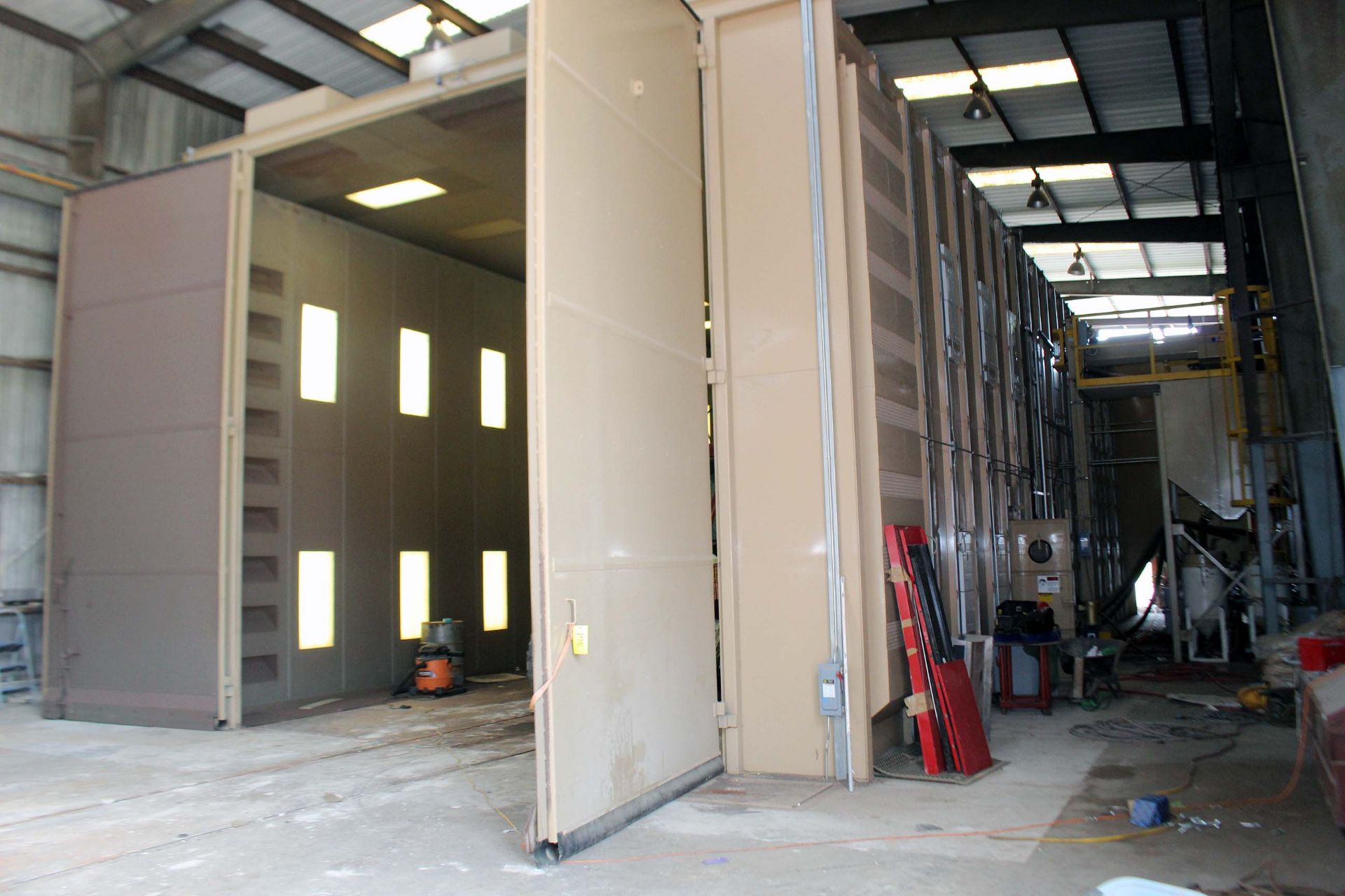 BLAST BOOTH, ABRASIVE BLAST SYSTEMS, new 2014, 70'L. x 20'H. x 18'W. opening, pass through style,