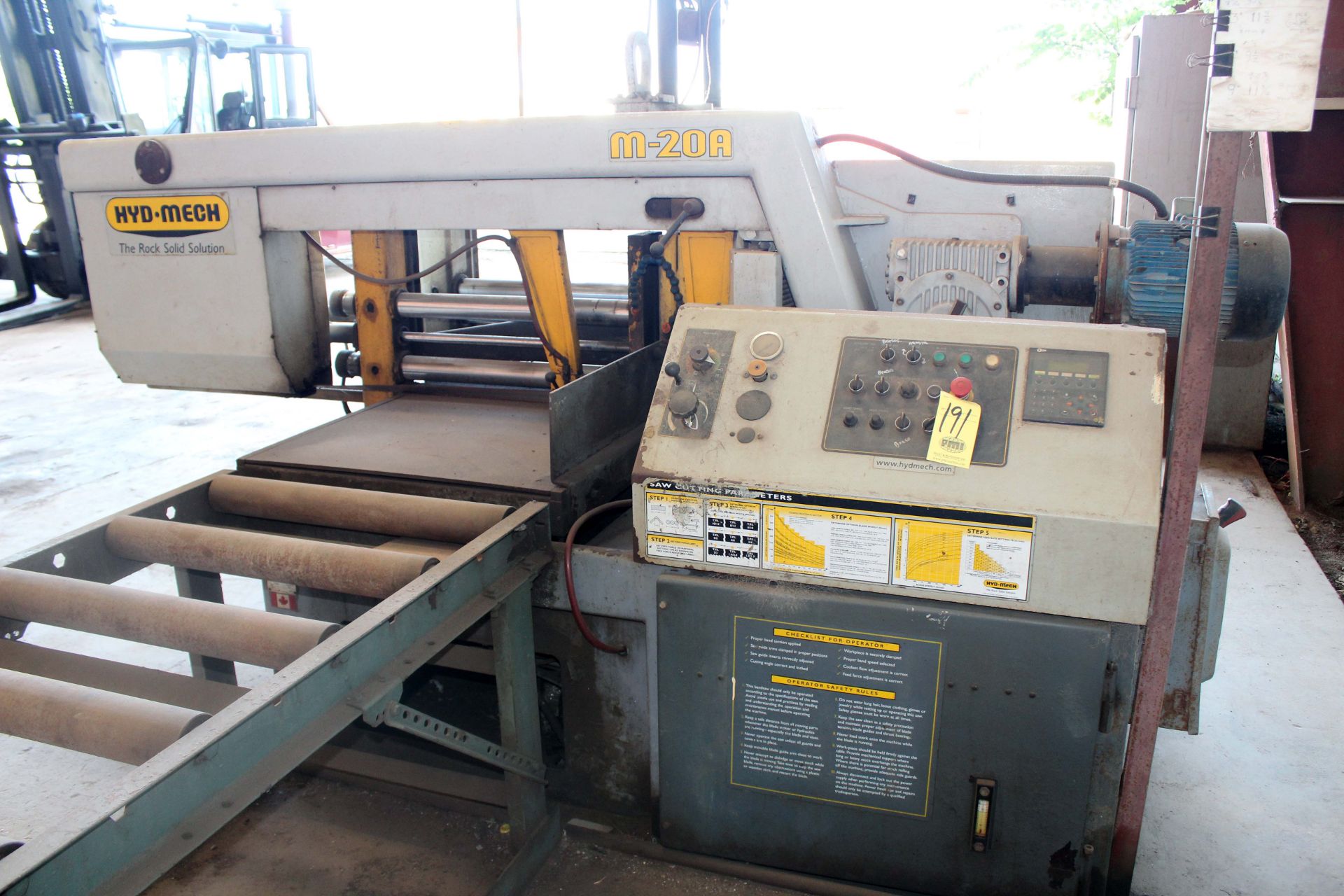 HORIZONTAL BANDSAW, HYD-MECH 20" CAP. MDL. M-20A, pwr. feed roller tbl., bundling attach., gravity