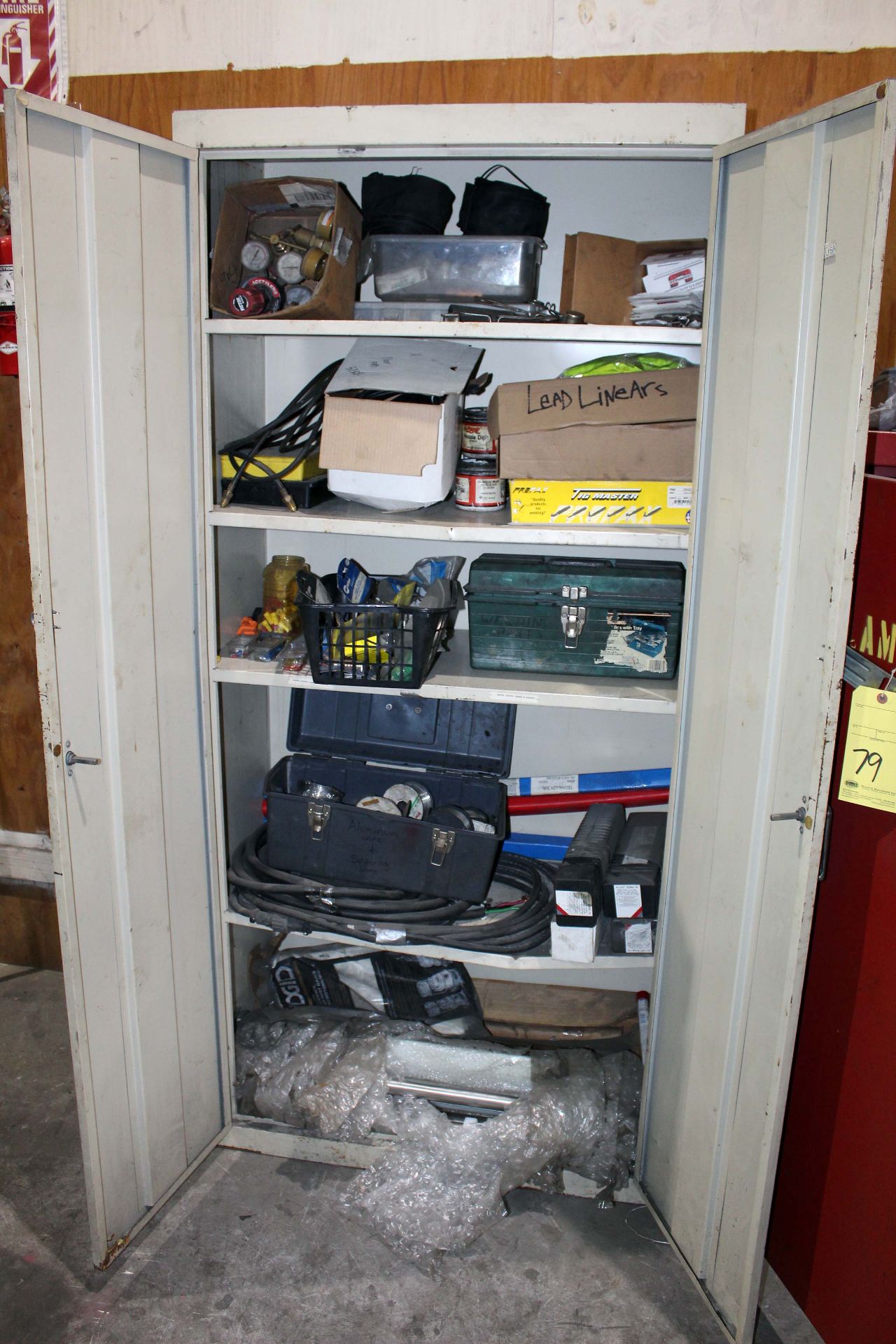 METAL STORAGE CABINET, w/contents (regulators, welding wire, rods & lead liners)