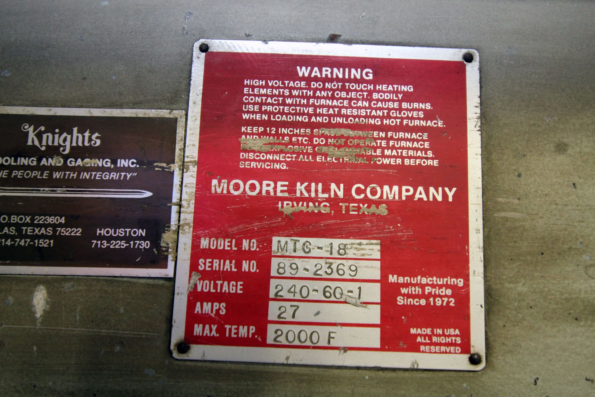 KILN, MOORE MDL. MTC-18, internal dims: 13 x 13 x 18, 27 amps, 240 v., 2,000 deg. max. temp., S/N - Image 3 of 3