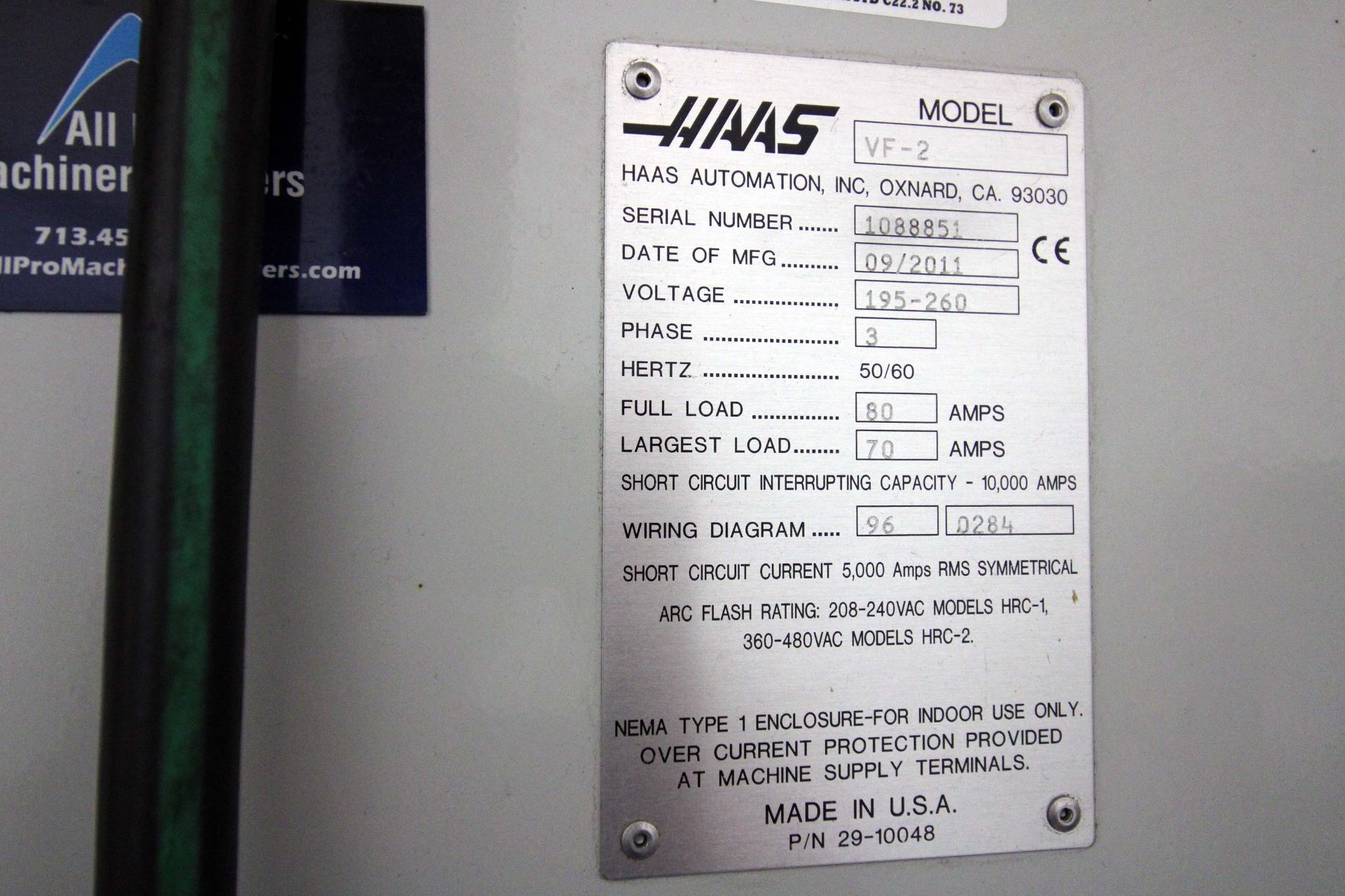 4-AXIS VERTICAL MACHINING CENTER, HAAS MDL. VF2, new 9/2011, 36” x 14” table, 30” X, 16” Y, 20” Z- - Image 10 of 10