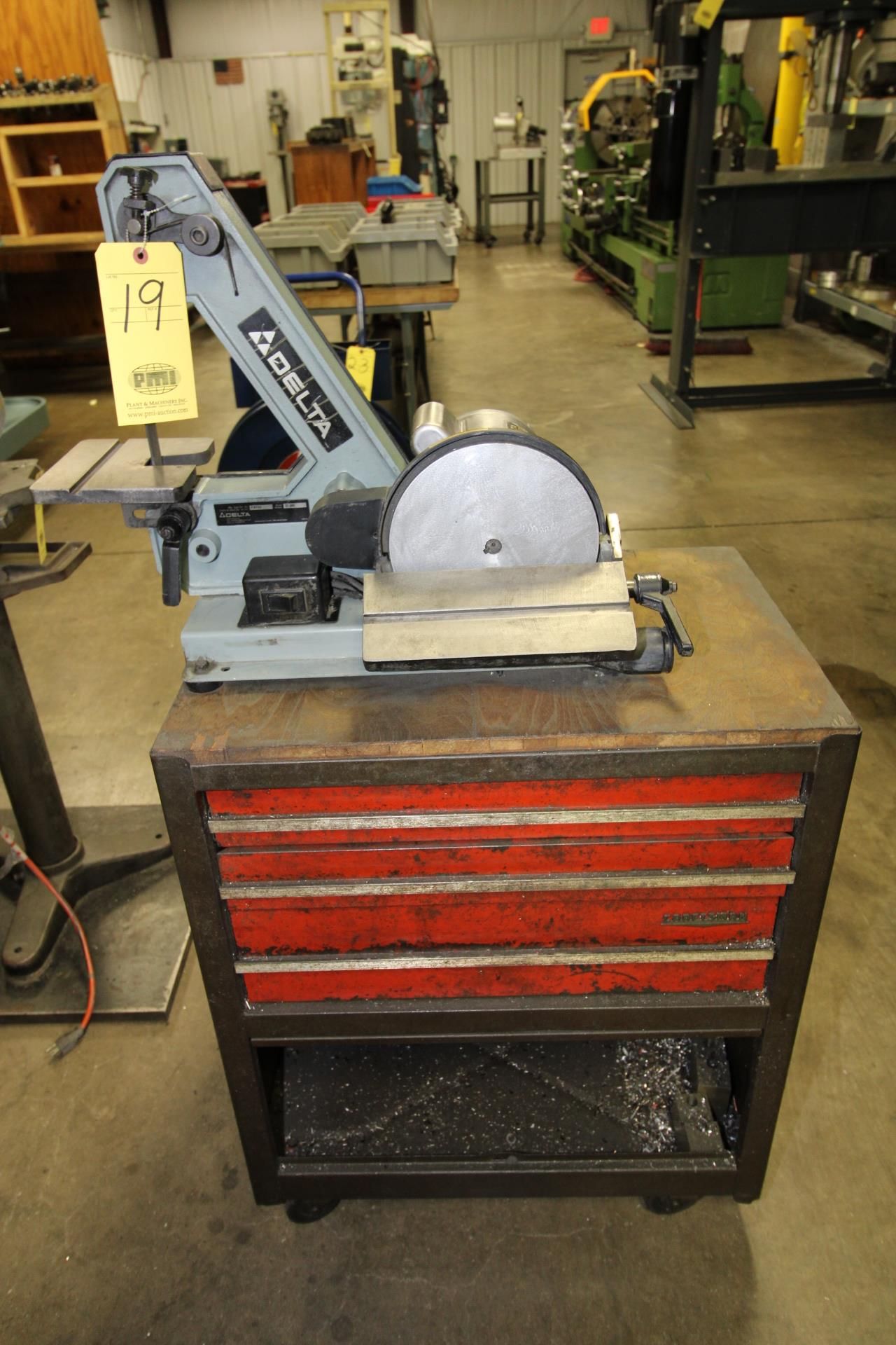 COMBINATION BELT/DISC GRINDER, DELTA MDL. 31-340, 1" belt, 6" disc, w/Craftsman toolbox