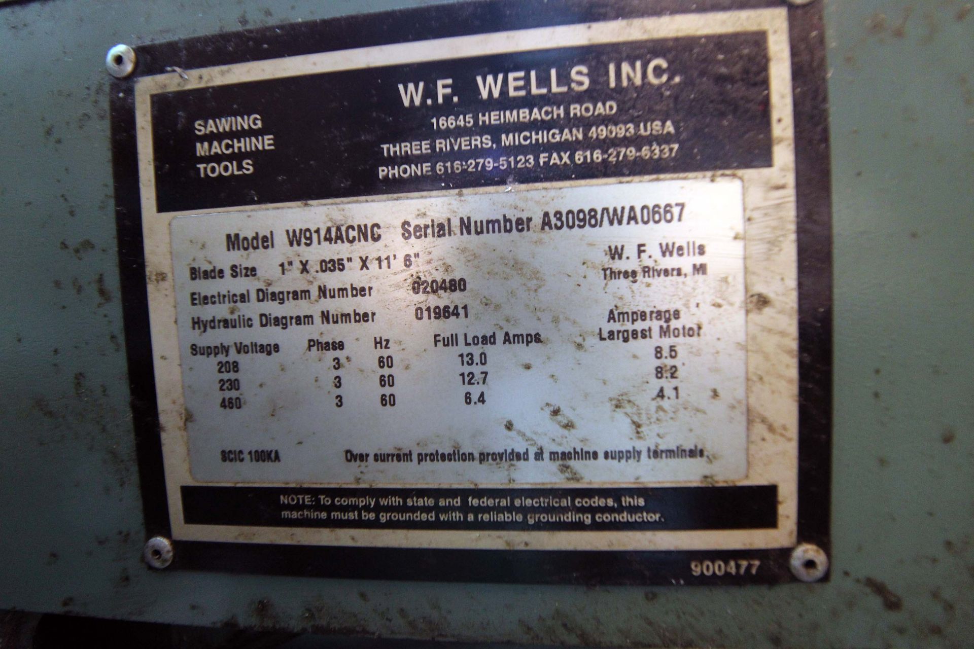 AUTOMATIC HORIZONTAL BANDSAW, W.F. WELLS MDL. W-914A-CNC, 9” x 14” rect. cap., 1” blade size, V/S, - Image 4 of 6