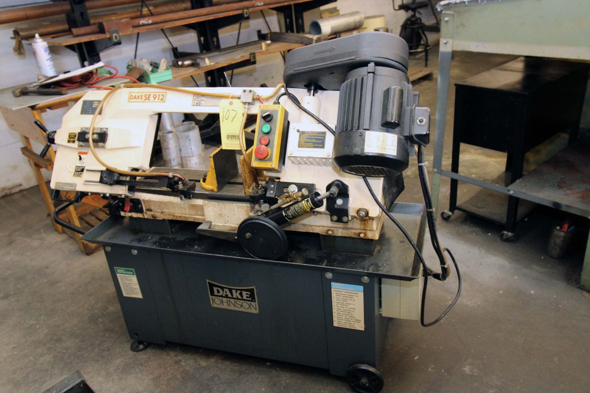 HORIZONTAL BANDSAW, DAKE MDL. SE912, 7" x 12" cutting cap., portable base, S/N 1711044