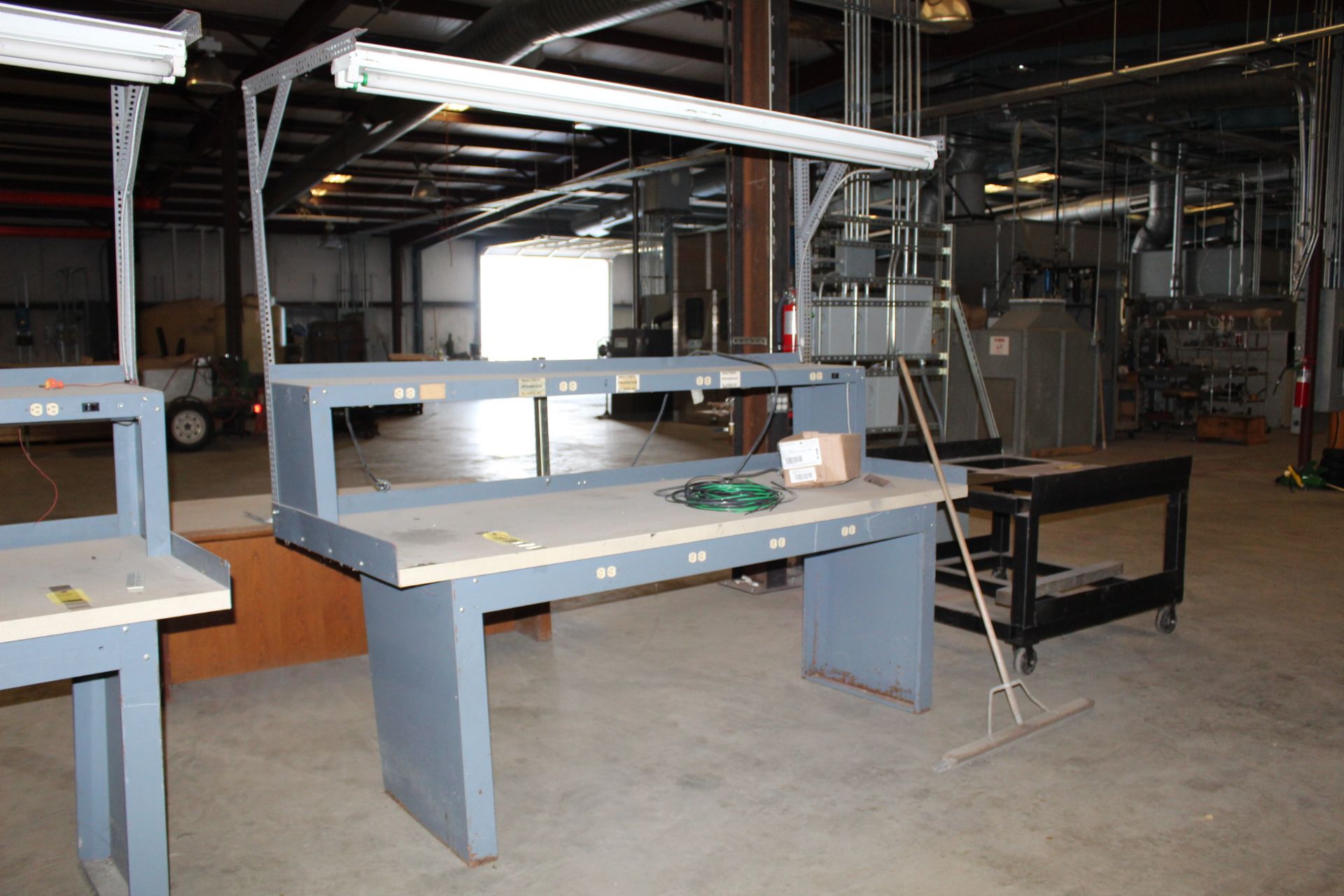 ELECTRIFIED WORKBENCH, 3' dp. x 8'W., laminated top, 15" dp. accessory shelf, w/light (Located at: