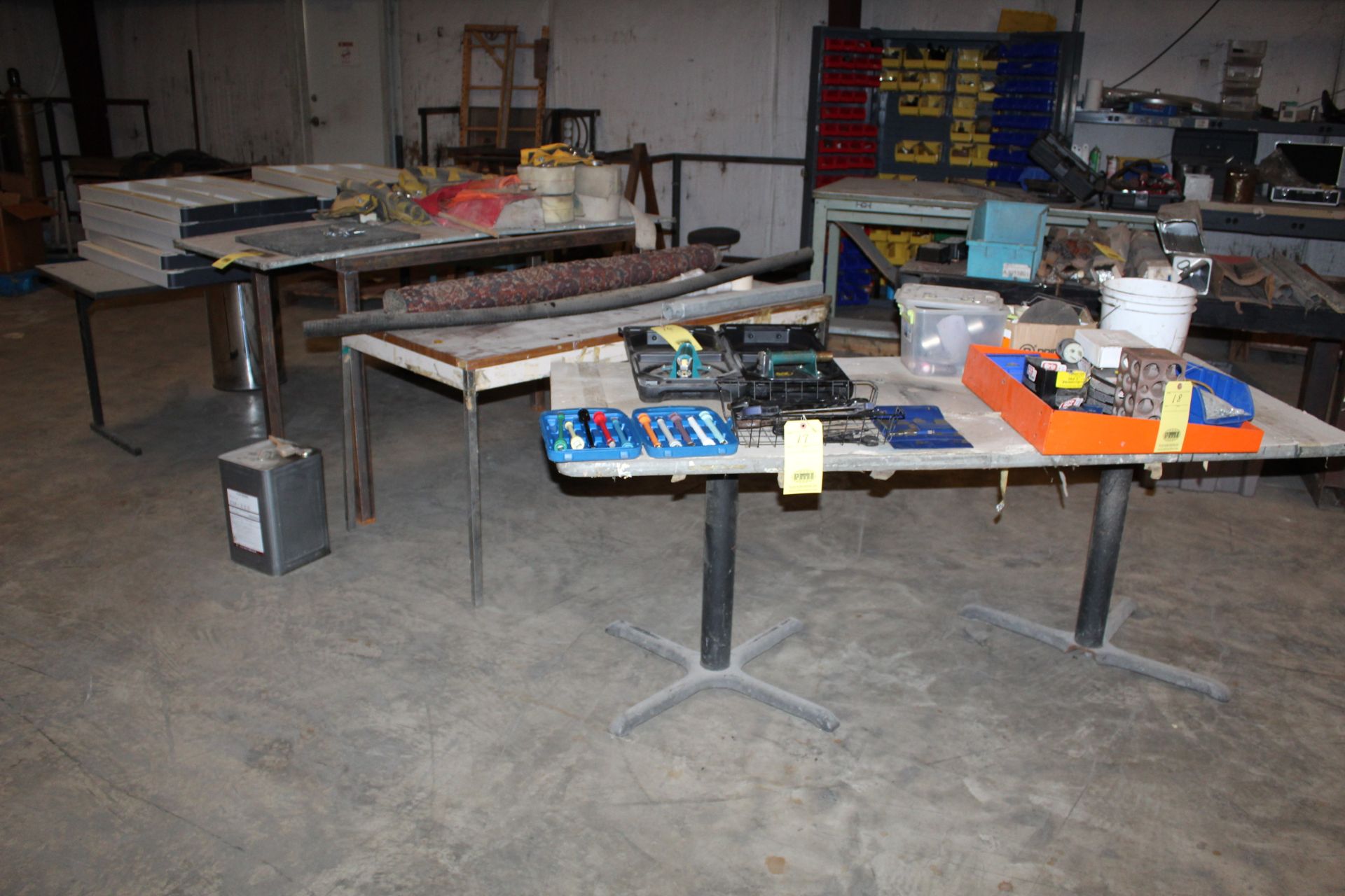 LOT OF TABLES (3), w/plastic bookshelves & legs, warning flags, etc. (Located at: Accurate, Inc.,