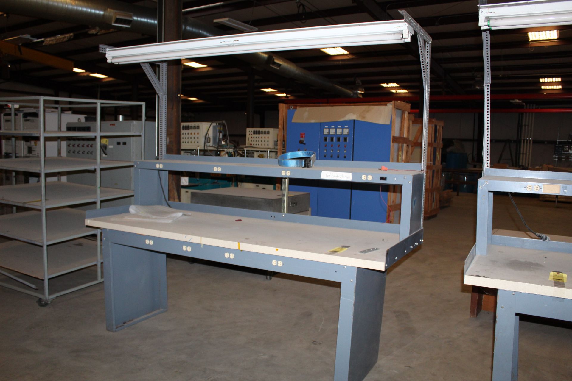 ELECTRIFIED WORKBENCH, 3' dp. x 8'W., laminated top, 15" dp. accessory shelf, w/light (Located at: