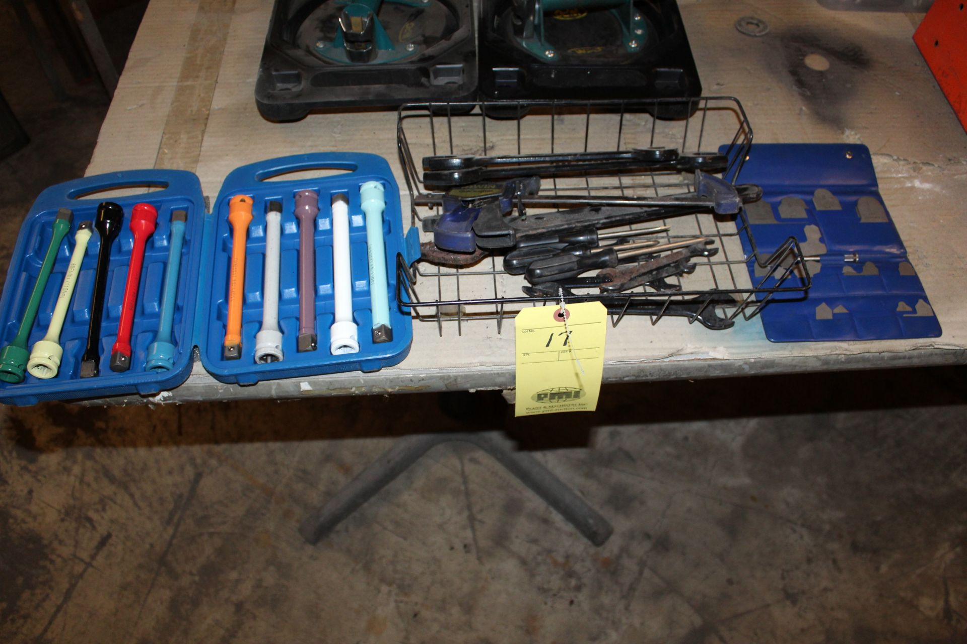 LOT CONSISTING OF TOOLS: bar clamp, open end wrenches, large set of driver extensions, Brown &