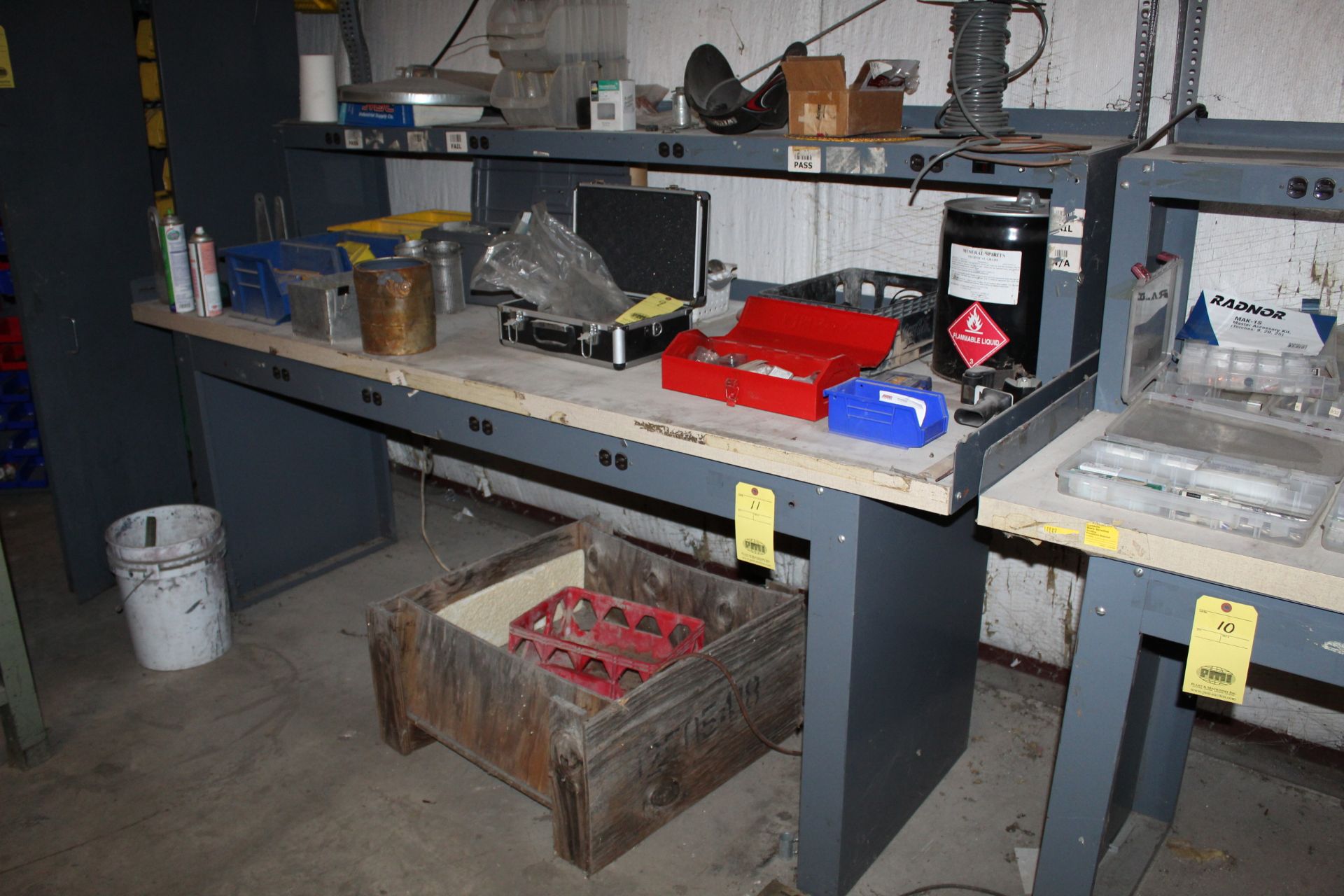 ELECTRIFIED WORKBENCH, 3' x 8' table top, 15" x 8' accessory shelf, metal w/wood main top (Located