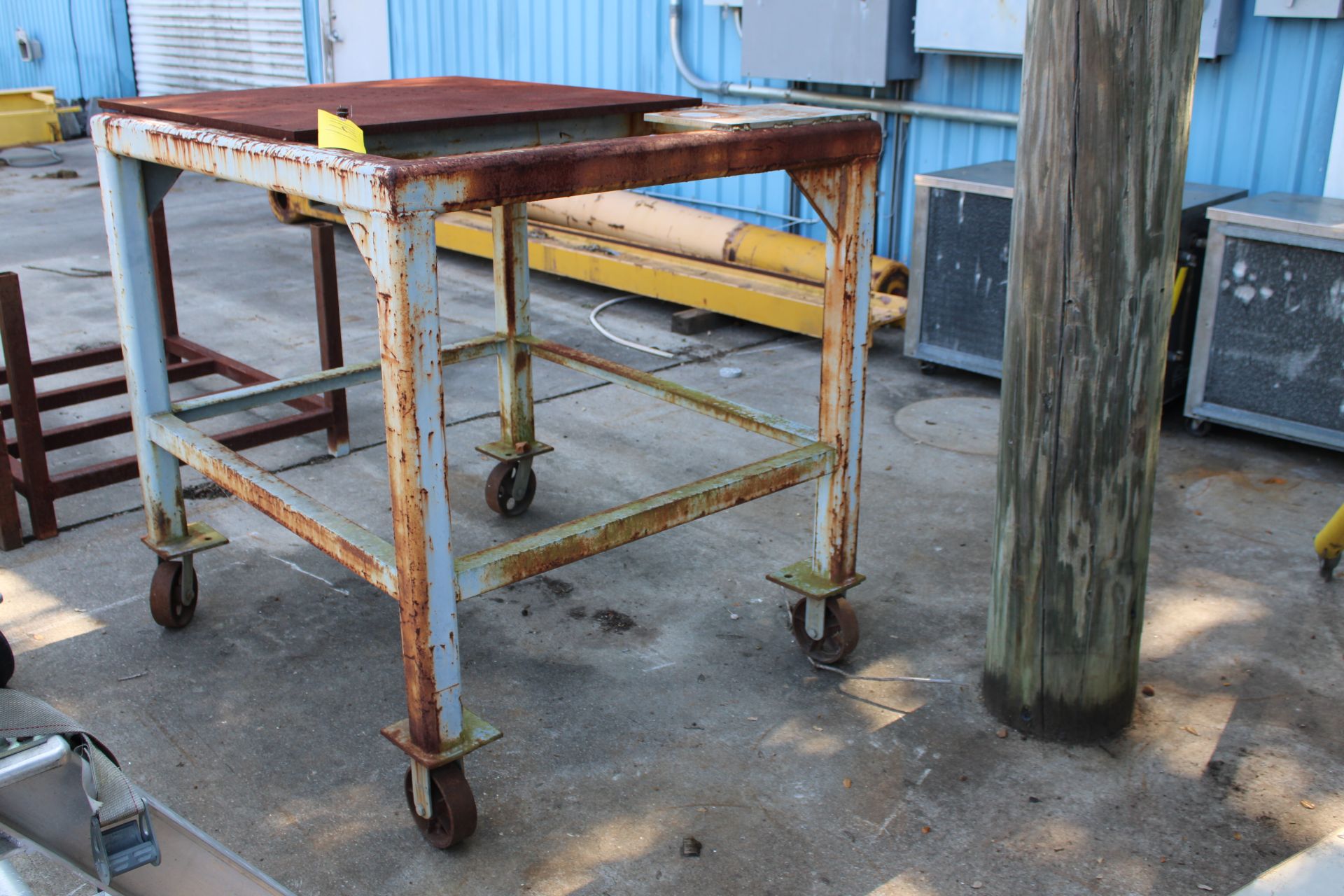 WORK TABLE, STEEL, 48" X 42" X 46" HEIGHT WITH WHEELS