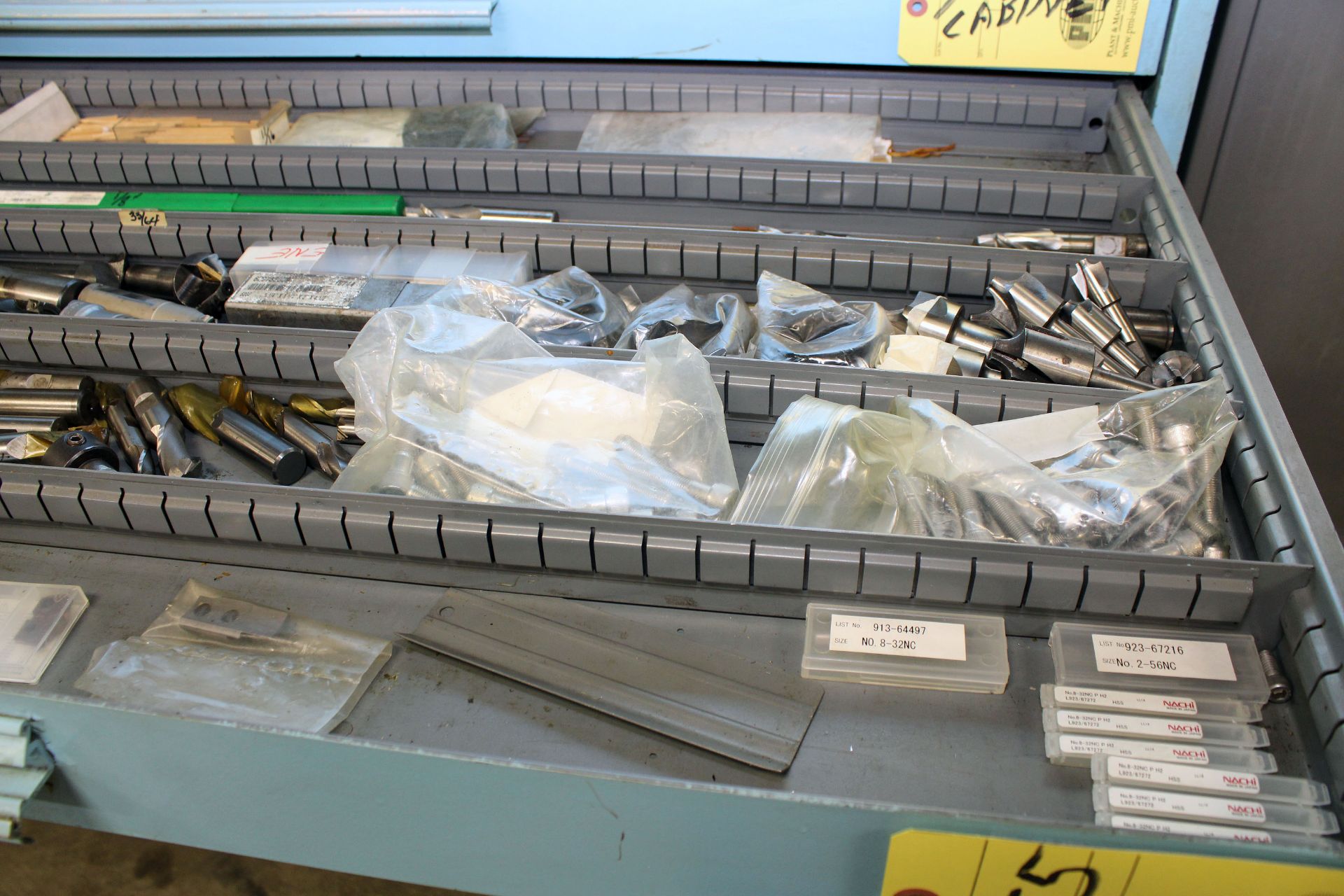 DRAWER CONTAINING DRILLS , INSERTED SLOTTING CUTTERS, ENDMILLS, CORNER ROUNDING CUTTERS
