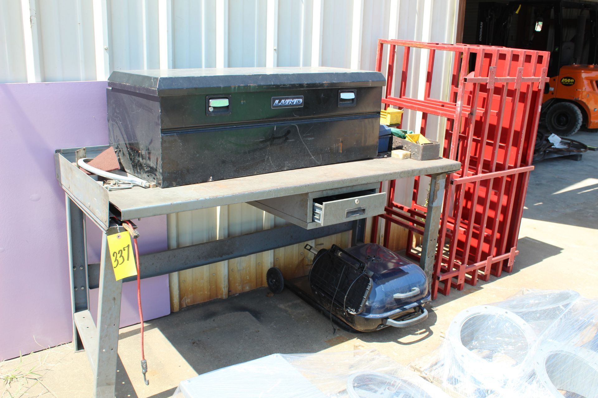 LOT CONSISTING OF: metal shop bench, rack, truck toolbox