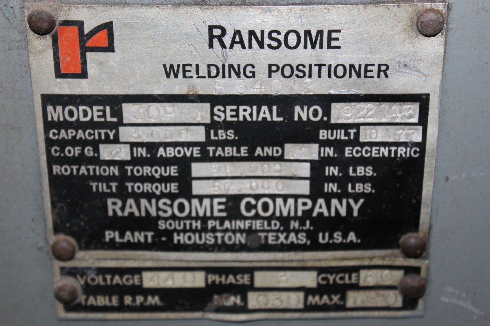 WELDING POSITIONER, RANSOME 3,000 LB. CAP. MDL. 30PA, S/N 922143 - Image 2 of 4