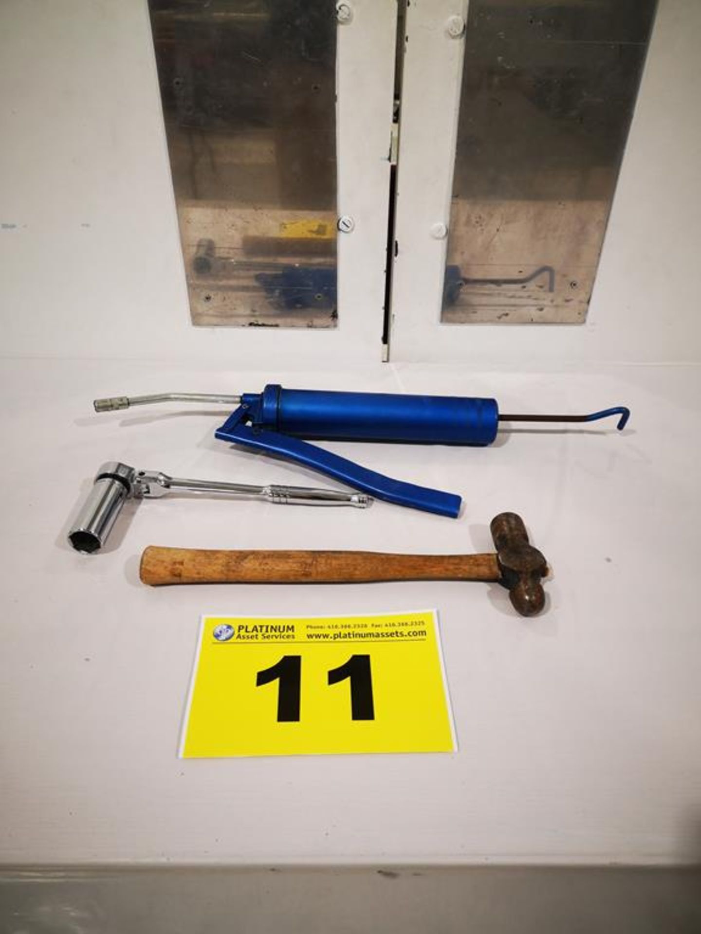 LOT OF HAND TOOLS - GREASE GUN, HAMMER, RATCHET