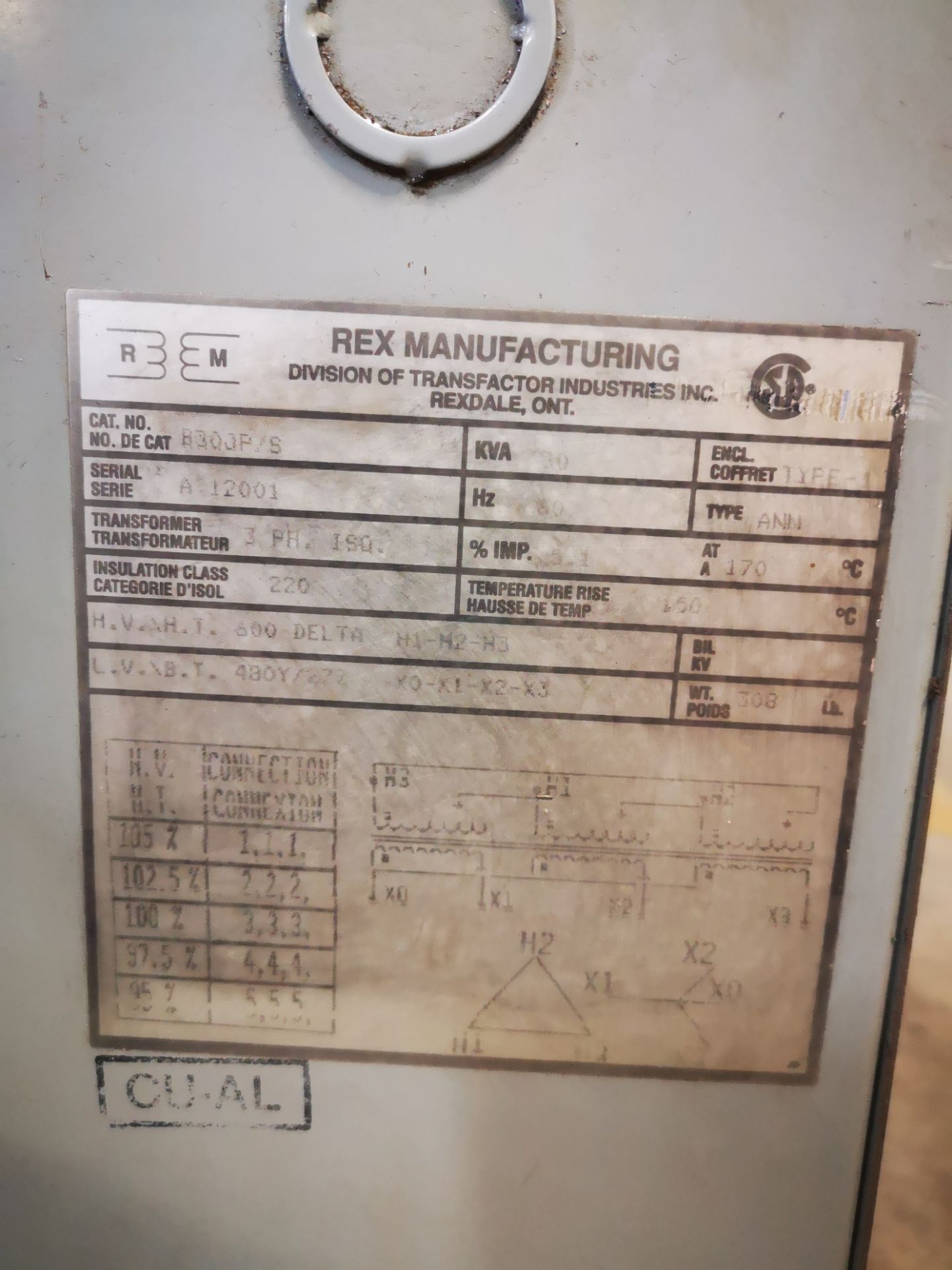 REX MANUFACTURING, 30 KVA, TRANSFORMER, 600 VOLT PRIMARY TO 480 V SECONDARY , 30 KVA, 3 PHASE, S/N - Image 2 of 2