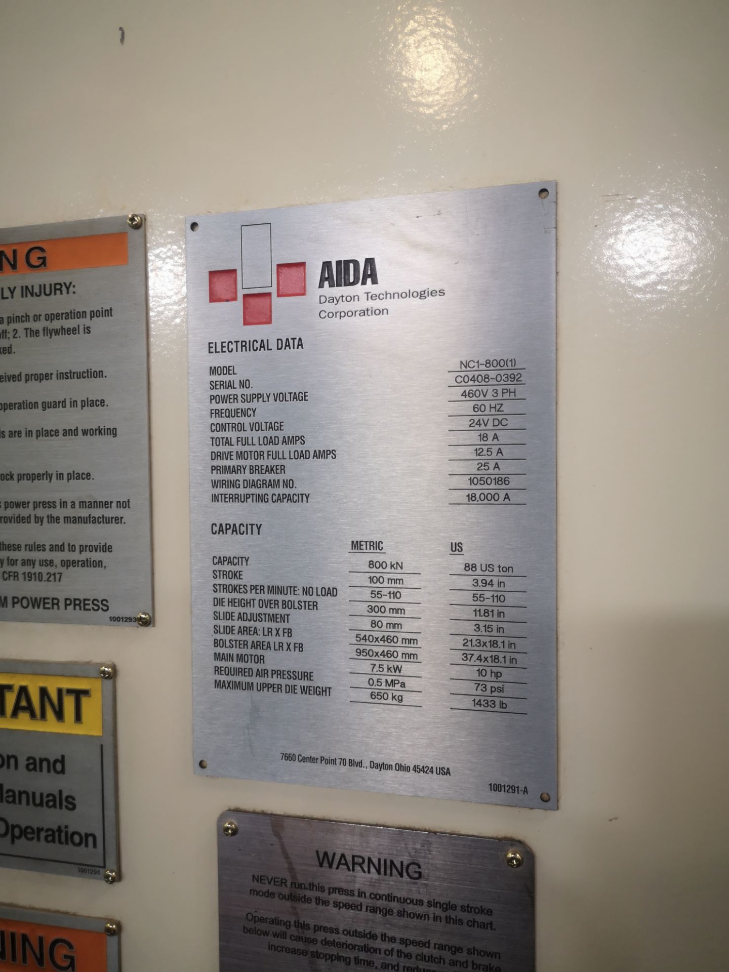 AIDA, NC1-800(1), 88 US TON GAP FRAME STAMPING PRESS - Image 11 of 18