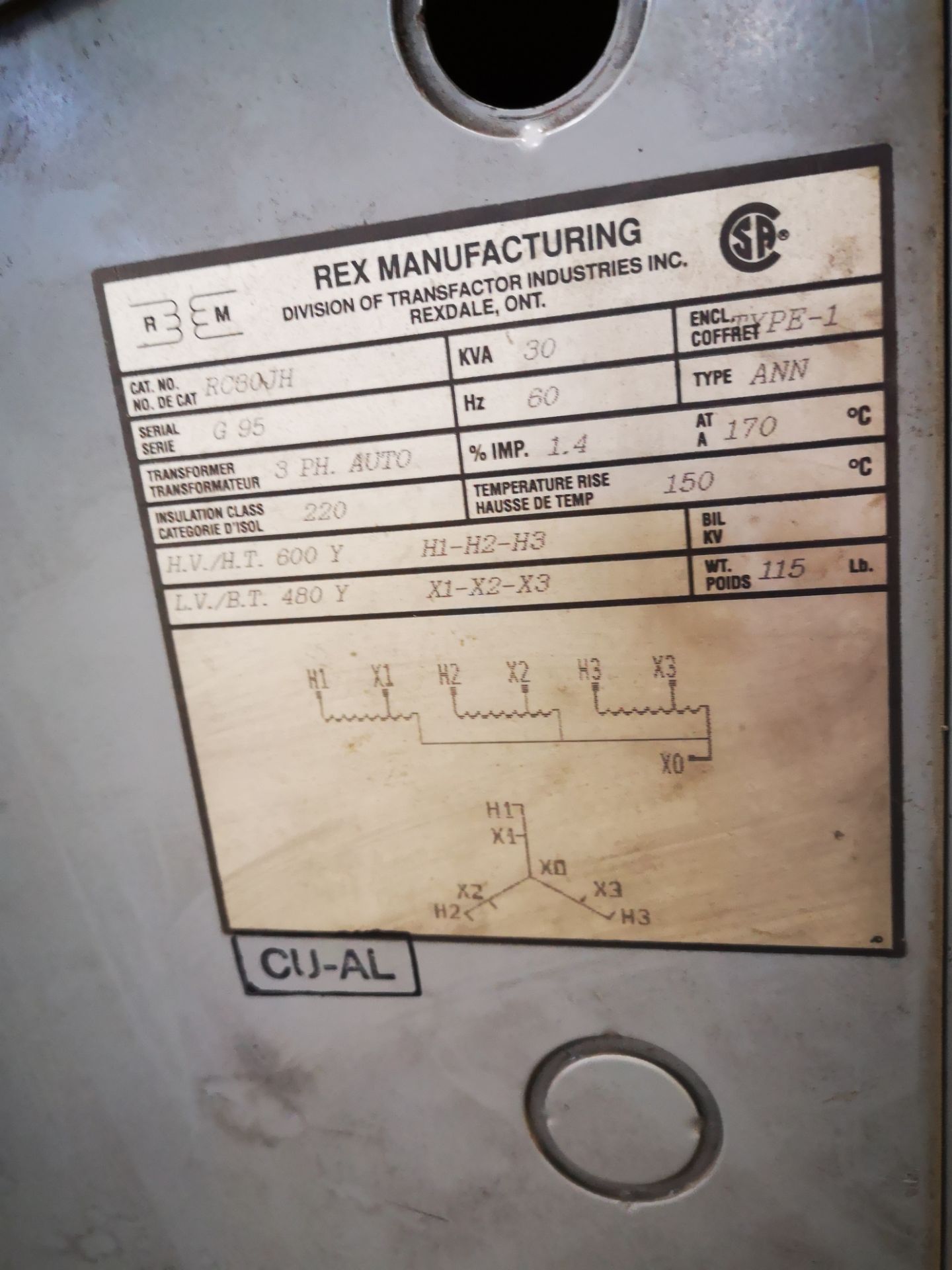 REX MANUFACTURING, 30 KVA, TRANSFORMER, 600 VOLT PRIMARY TO 480 VOLT SECONDARY, 30 KVA, 3 PHASE, S/N - Image 2 of 2