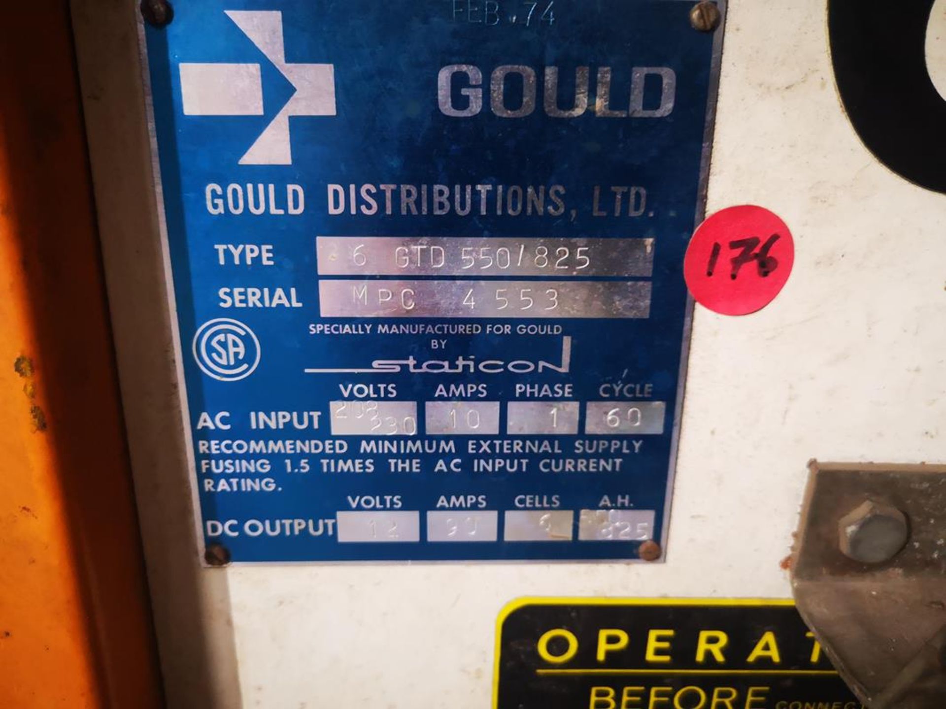 GOULD, 6 GTD 550/825, FORKLIFT BATTERY CHARGER, 12 VOLT DC, 90 AMP, 6 CELL 550 AH, 208 VAC 1PH 10 - Image 2 of 2