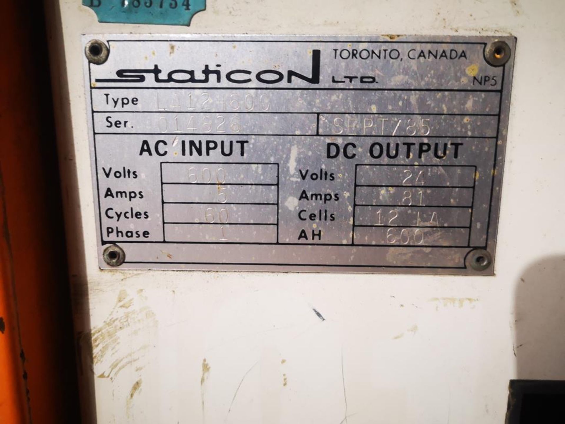 STATICON LTD, LA12H600, FORKLIFT BATTERY CHARGER, 24 VOLT DC, 81 AMP, 12 CELL, 600 AH, 600 VAC 1PH 5 - Image 2 of 2