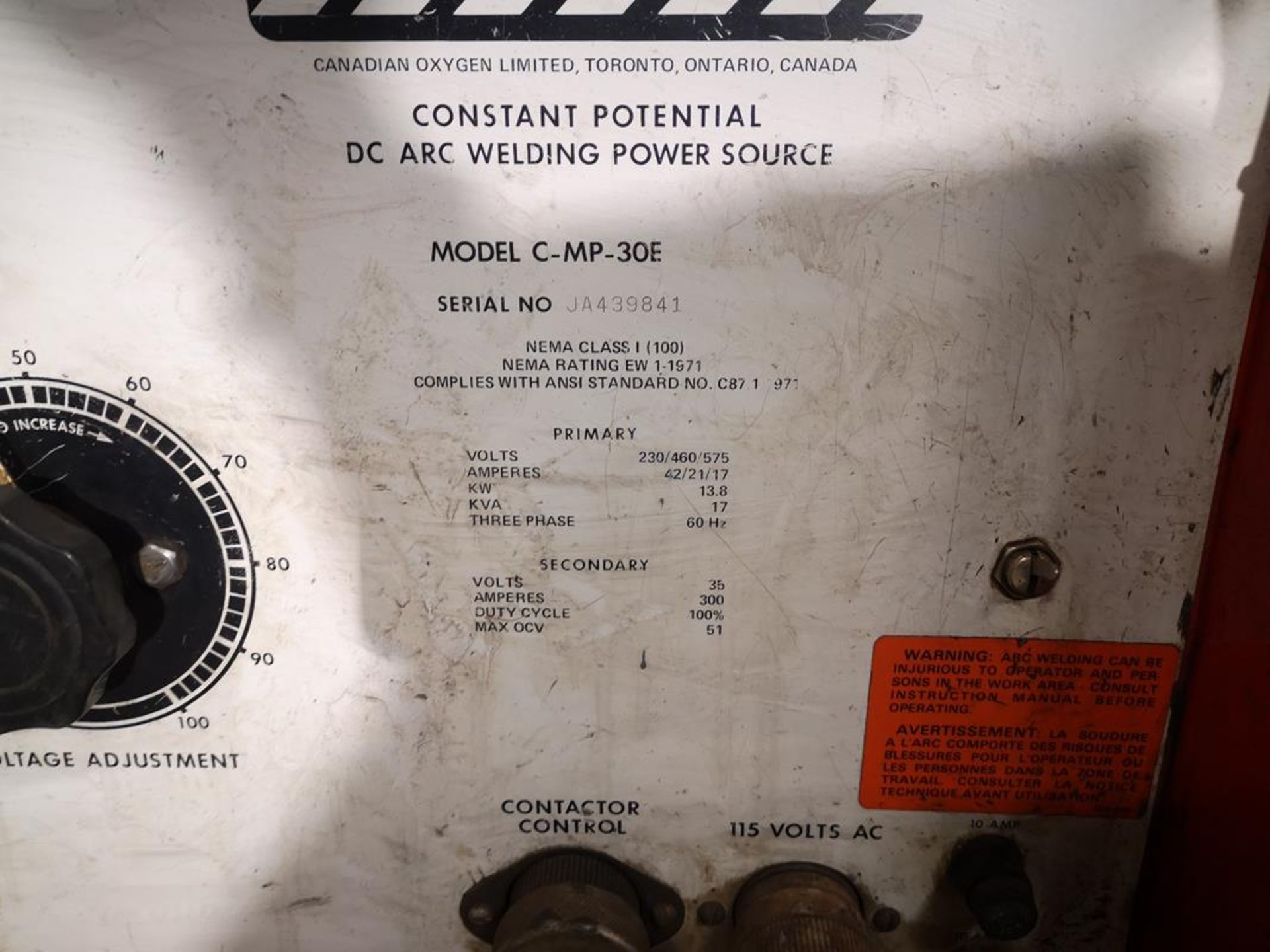 CANOX, C-MP-30E, 300 AMP, MIG WELDER, CONSTANT POTENTIAL DC ARC WELDING POWER SOURCE, MIGMATIC, C- - Image 3 of 3