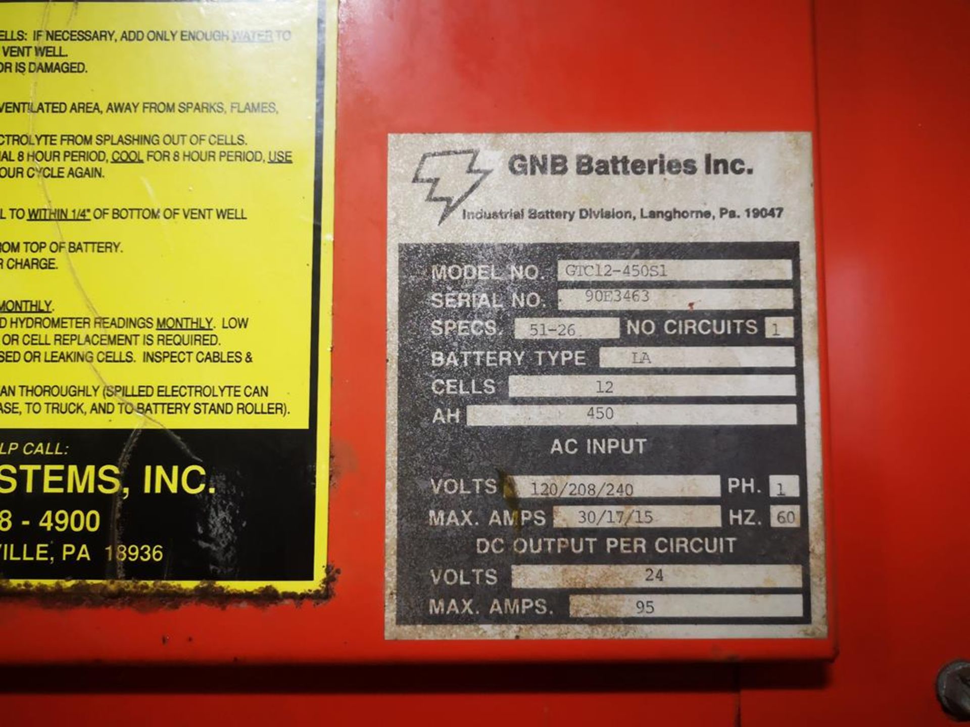 GNB, GTC12-450S1, FORKLIFT BATTERY CHARGER, 24 VDC 95 AMP 12 CELL 450 AH, S/N 90E3463, 120/240 VAC - Image 2 of 2