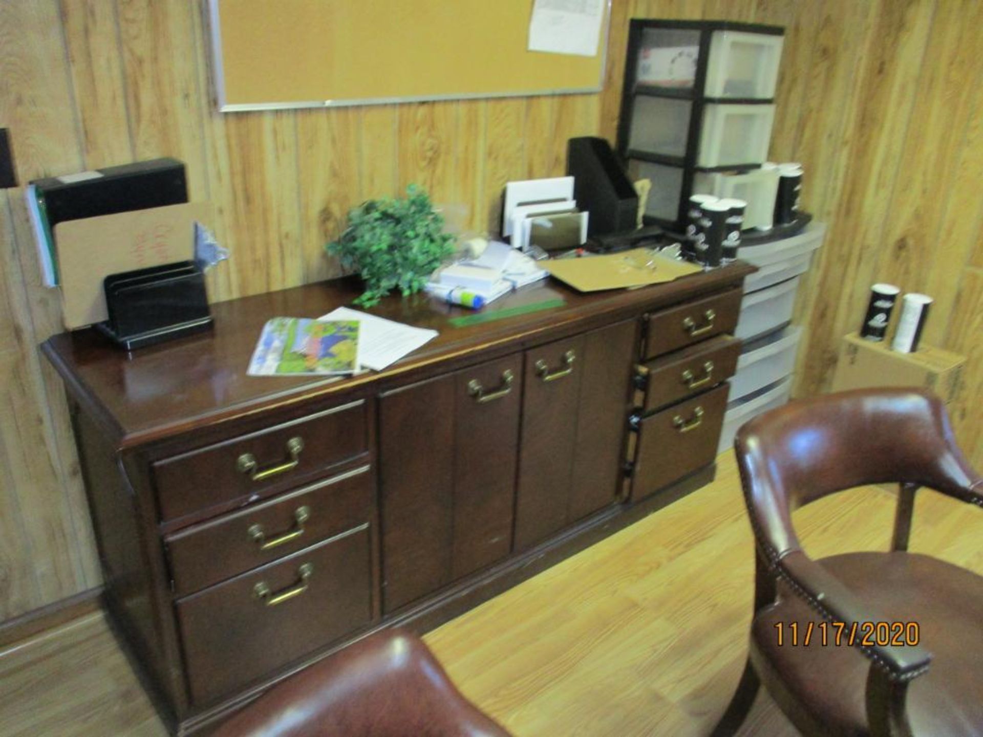 LOT: Contents of Office consisting of (1) Wood Desk, (3) Chairs, (2) Book Shelves, Credenza (LOCATED - Image 3 of 3
