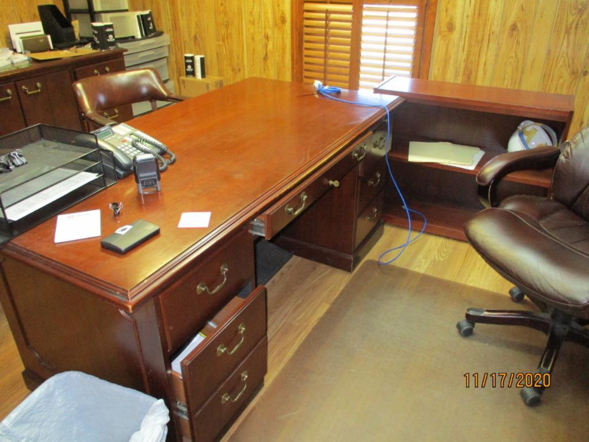 LOT: Contents of Office consisting of (1) Wood Desk, (3) Chairs, (2) Book Shelves, Credenza (LOCATED - Image 2 of 3