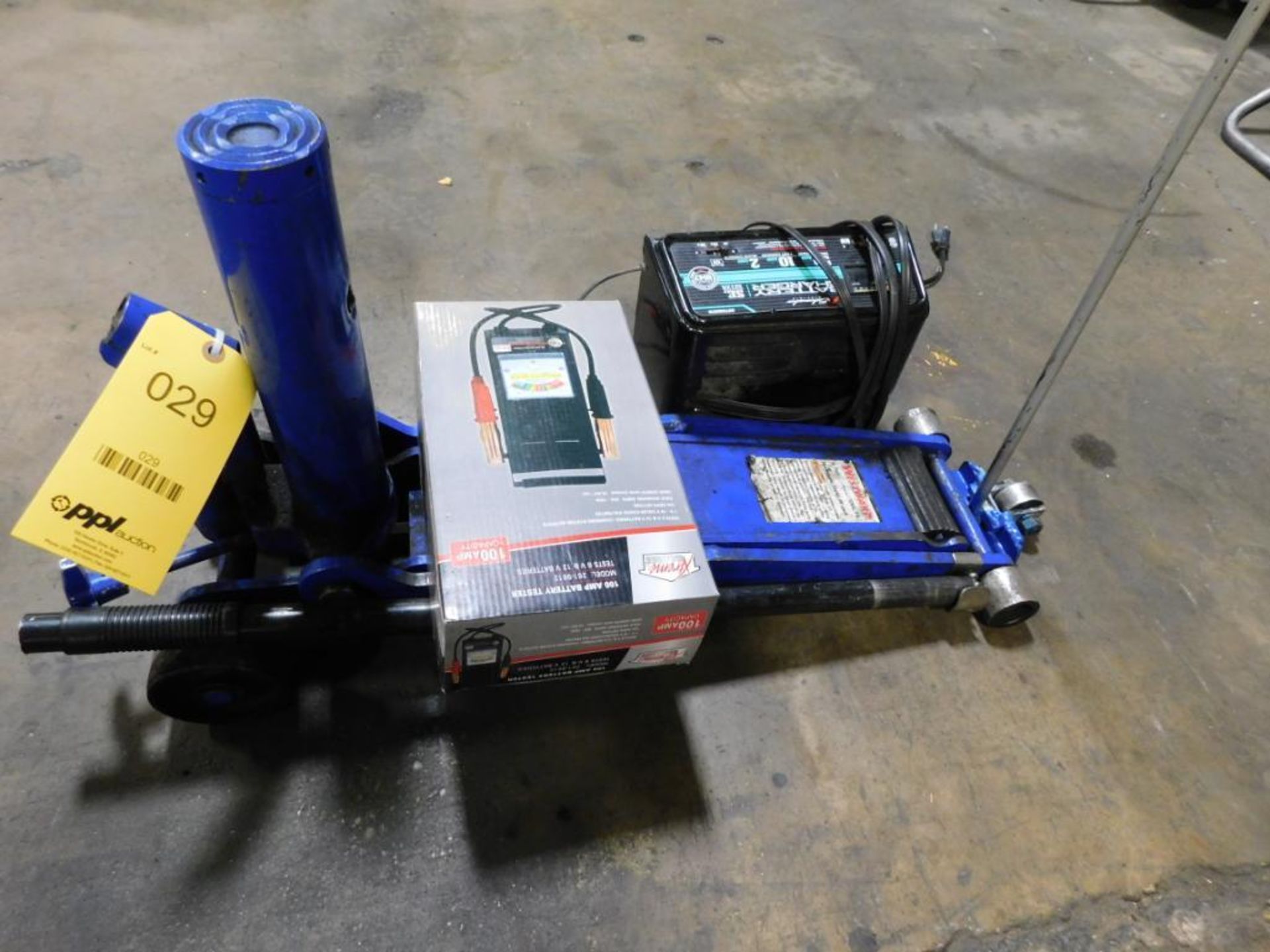 LOT: Forklift Jack, Battery Charger, Battery Tester