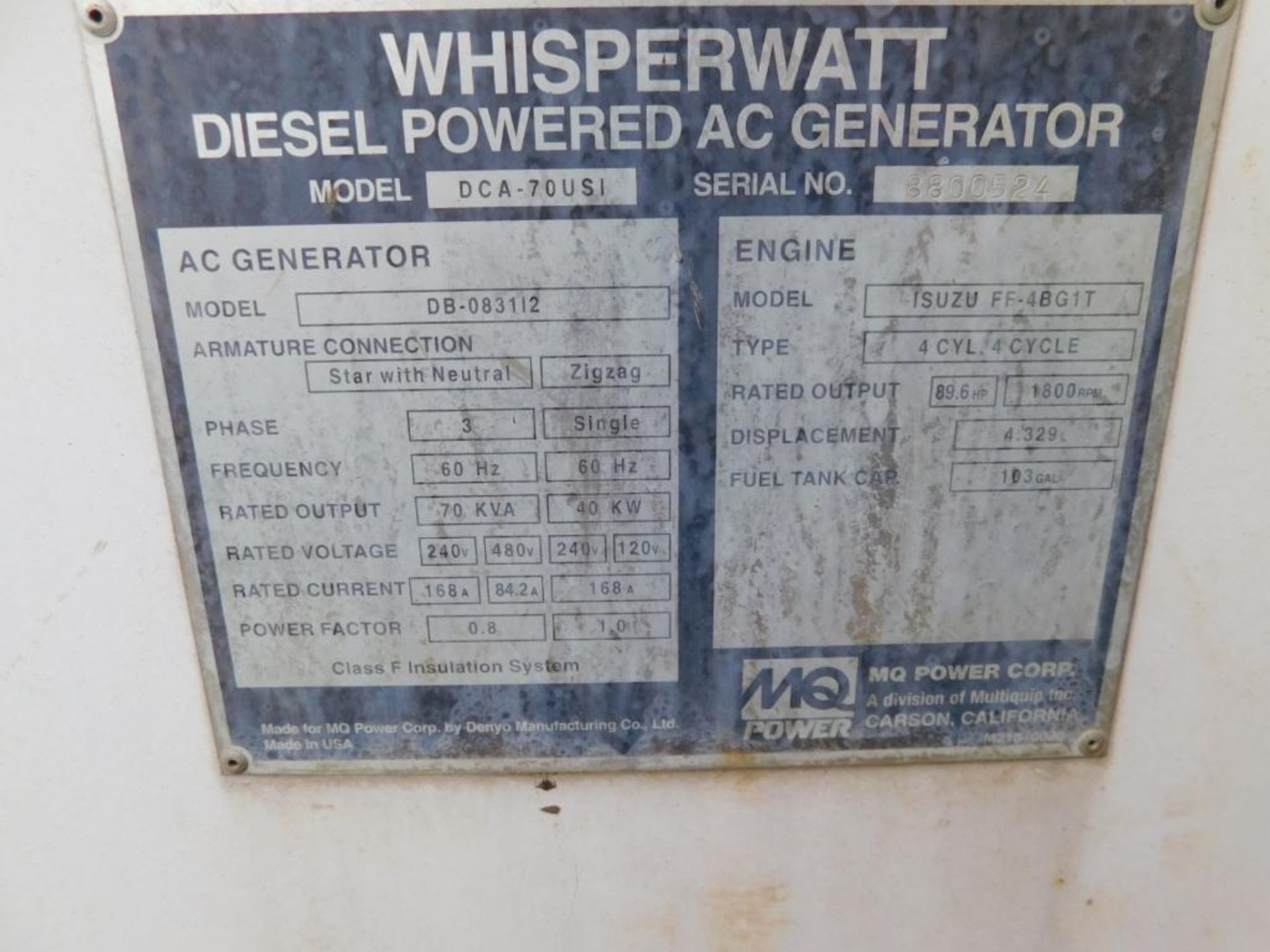 Multiquip WhisperWatt Diesel Generator Model DCA70US1, S/N 8800524 (#GEN-9) - Image 5 of 5