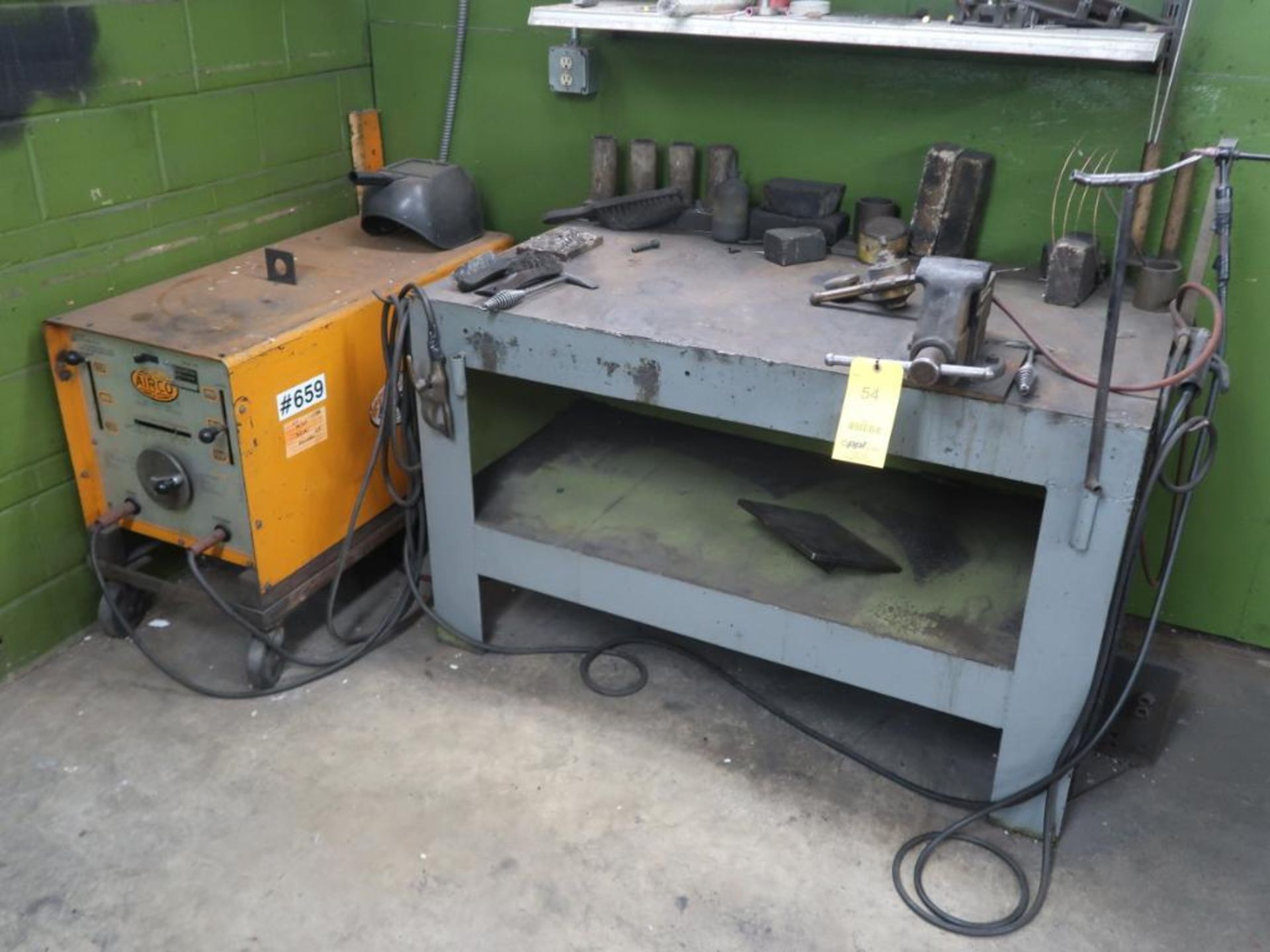 LOT: Airco 250 Amp Welder, Cables, TIG Torch, with 32 in. x 54 in. Heavy Duty Welding Table with